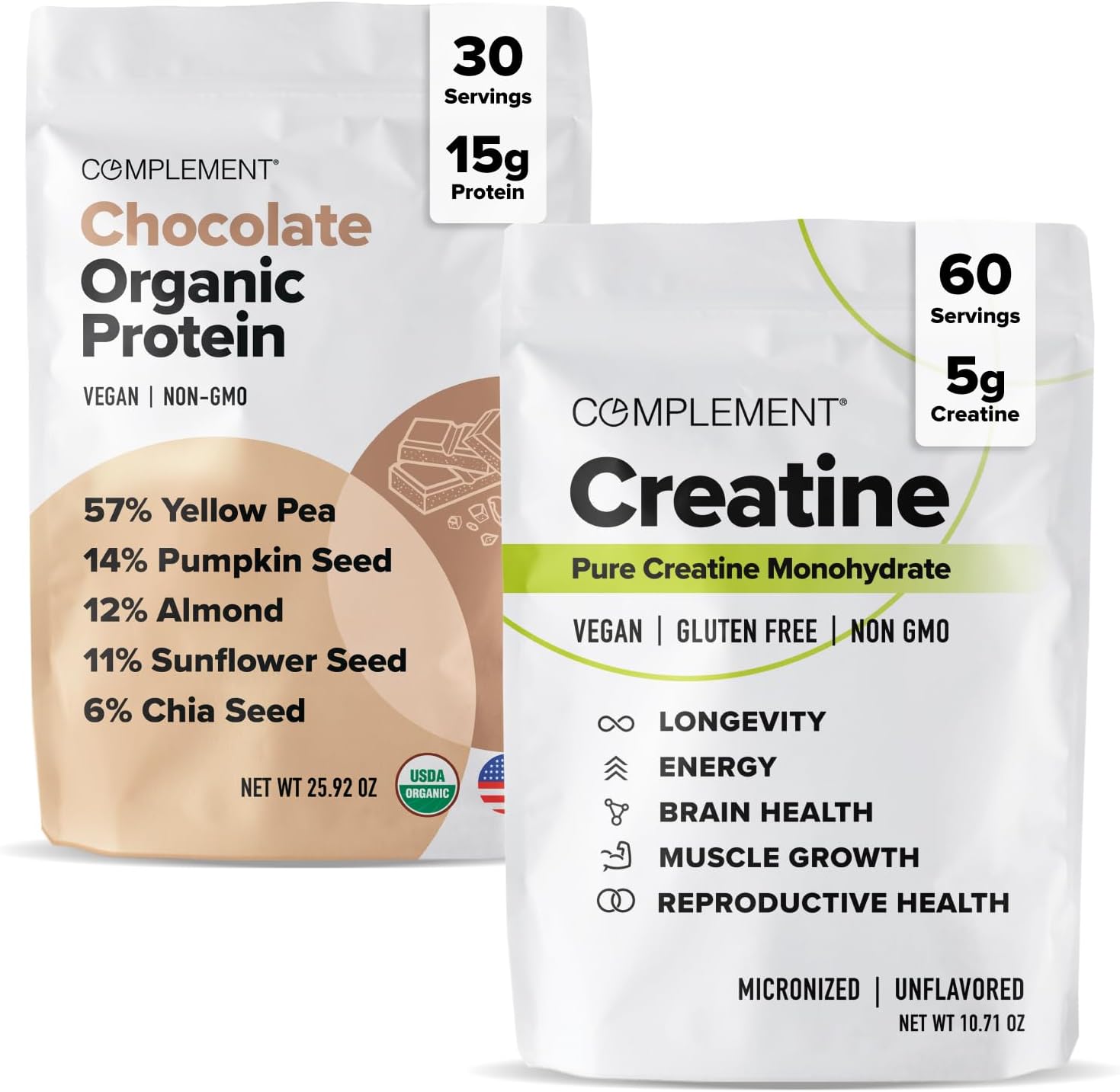 Complement Chocolate Protein & Creatine Bundle – Plant-Based Protein Powder and Creatine Monohydrate for Enhanced Muscle Performance