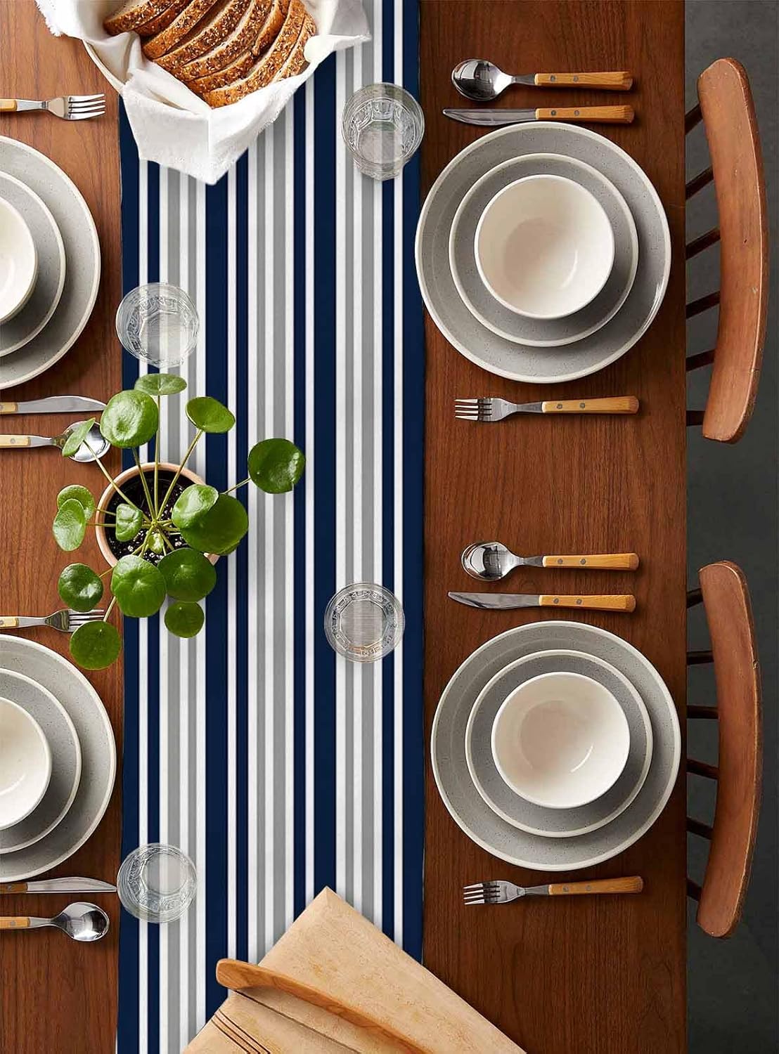 Stripe Table Runner-Navy Blue Gray White Cotton linen-Long 108 inche Dresser Scarves,Farmhouse Tablerunner for Kitchen Coffee/Dining/Sofa Table Bedroom Home Living Room,Scarf Decor for Holiday Dinner