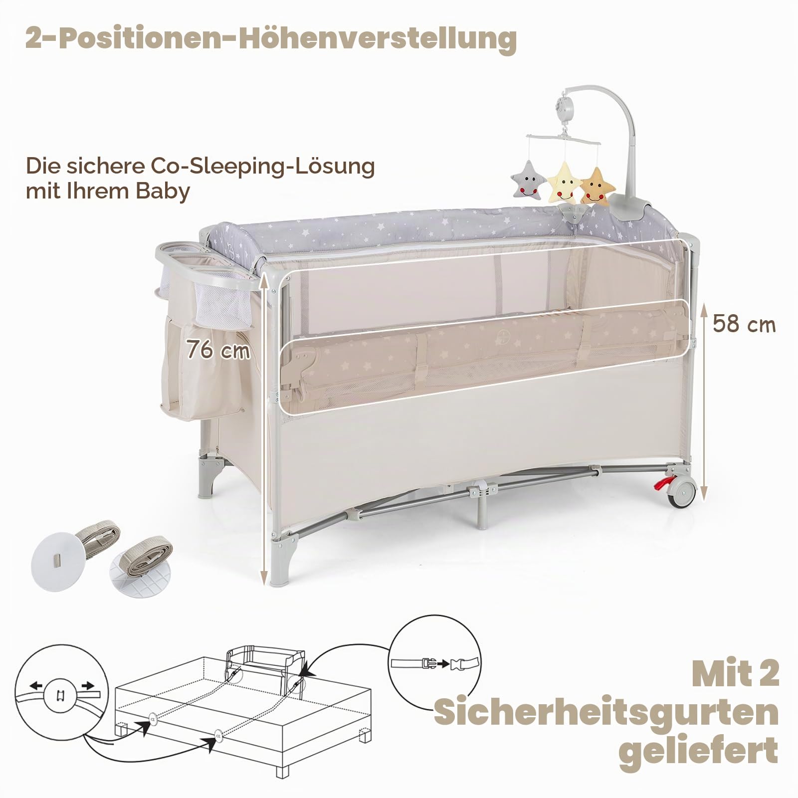LIFEZEAL Faltbares Babybett mit Wickeltisch, Reisebett Baby mit Spielbogen und Musikglocken, Mobiles Kinderreisebett mit Aufbewahrungstasche, für Baby 0-36 Monate (Beige)