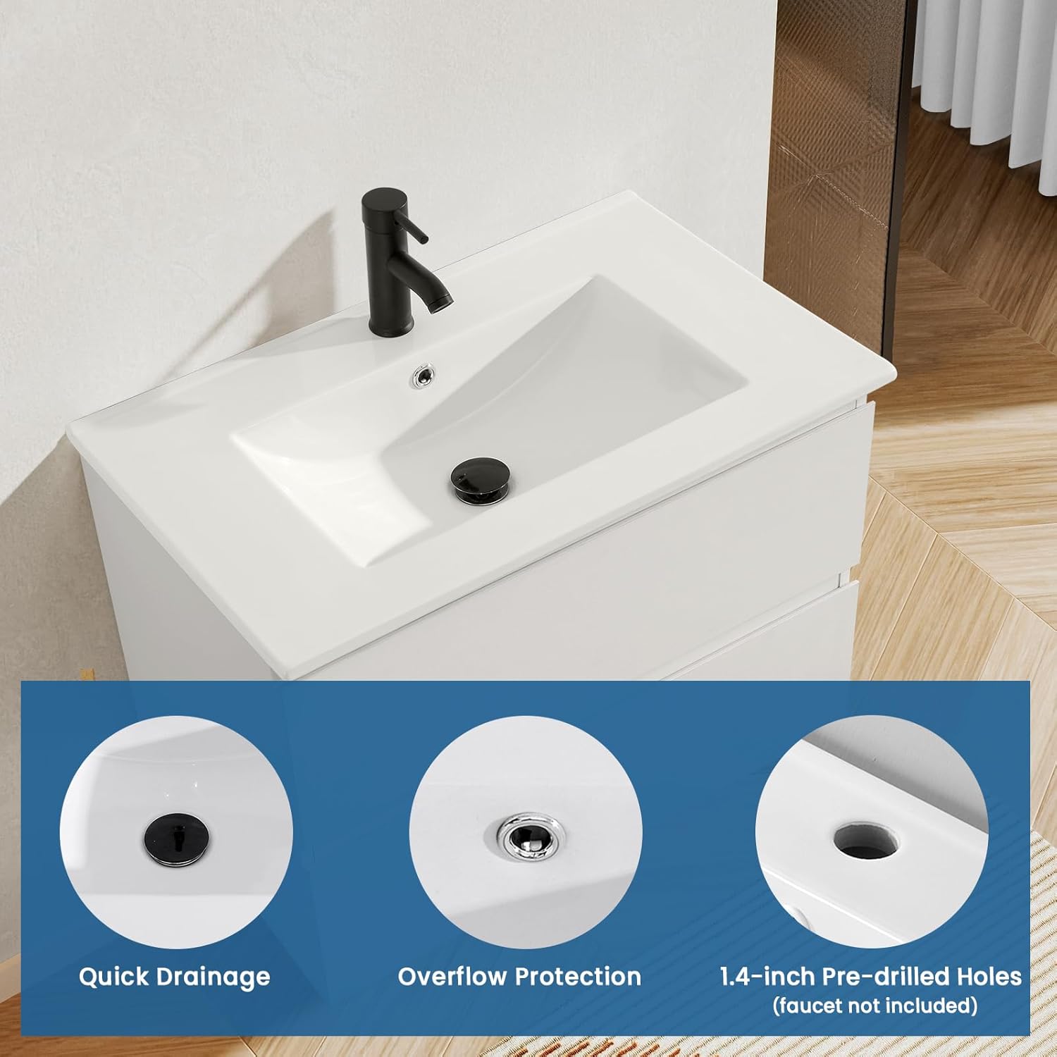 30 in. W x 18.3 in. D Bathroom Undermount Ceramic Sink Top W/One Hole, Drop in Bathroom Vessel Sink Rectangle, Without Matte Black Faucet & Pop up-Drain, for Bathrooms, White