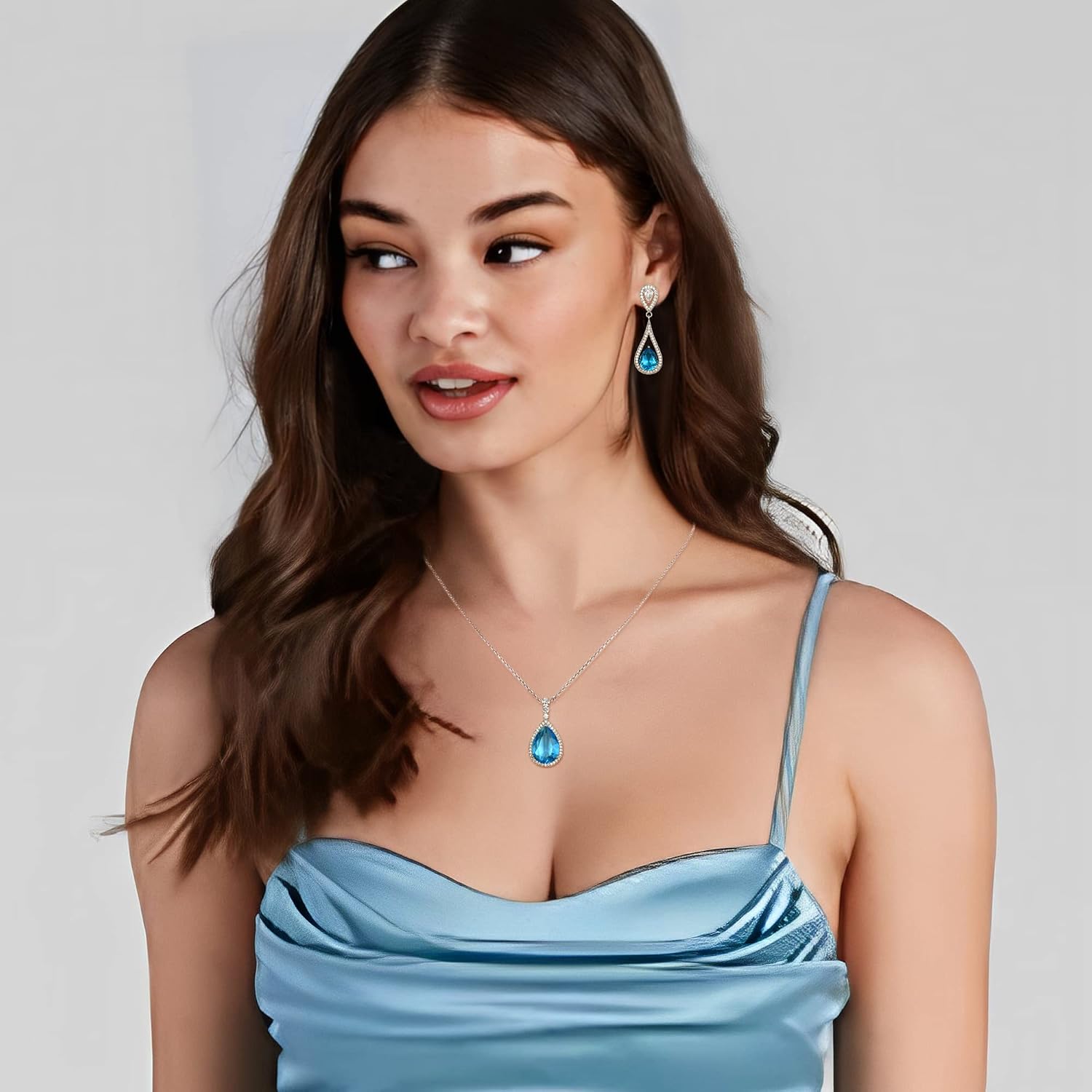 Flyonce Bridal Wedding Jewelry Set for Brides Bridesmaid, Sparkly CZ Teardrop Statement Pendant Necklace Dangle Earrings Open Ring Tennis Bracelet Sets Sky Blue Silver-Tone
