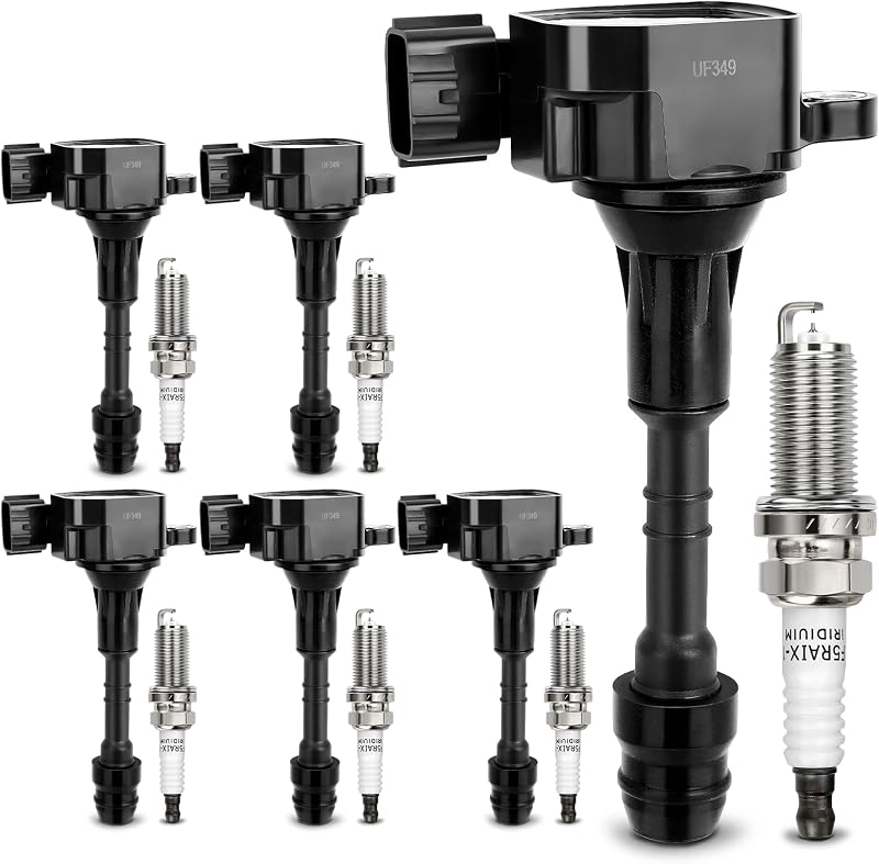 Kit de bobinas de ignição UF349 e velas de ignição Double Iridium X4XZ para Nissan, Infiniti e Suzuki – 6 bobinas e 6 velas