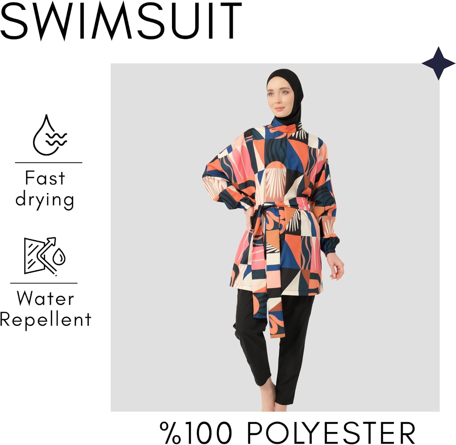 5 Piece Hijab Swimsuit for Women | Water Repellent Top, Leggings, Bonnet, Scarf and Bustier Burkini | Modest Women Clothing Black