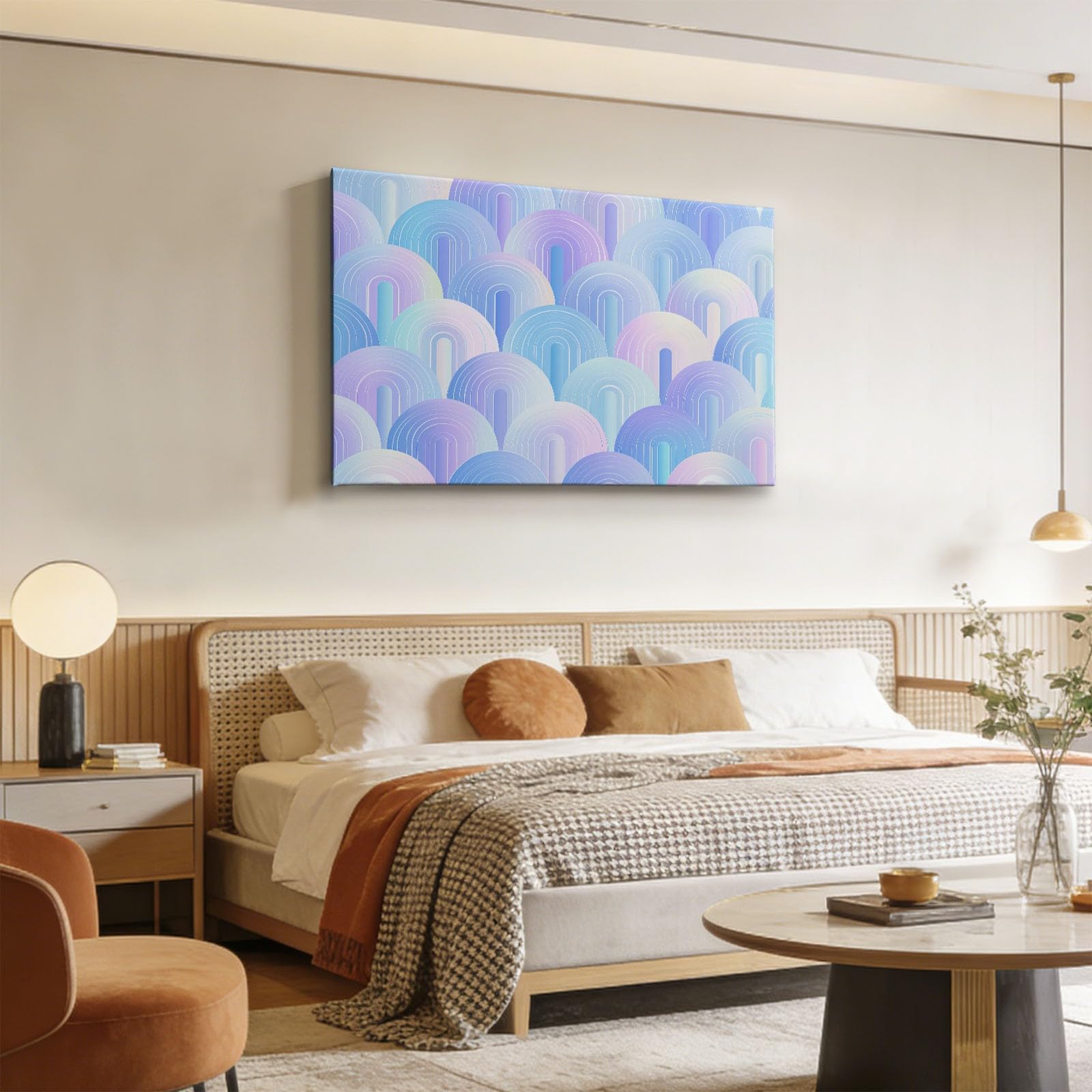 Träumerisch Regenbogen Geometrisch Streifen Modernes Leinwandbild 100L x 75B cm mit Rahmen, Art Déco XXL Wanddeko für Wohnzimmer Geschenk Idee Einzug - Hochwertiger Kunstdruck auf Holzrahmen