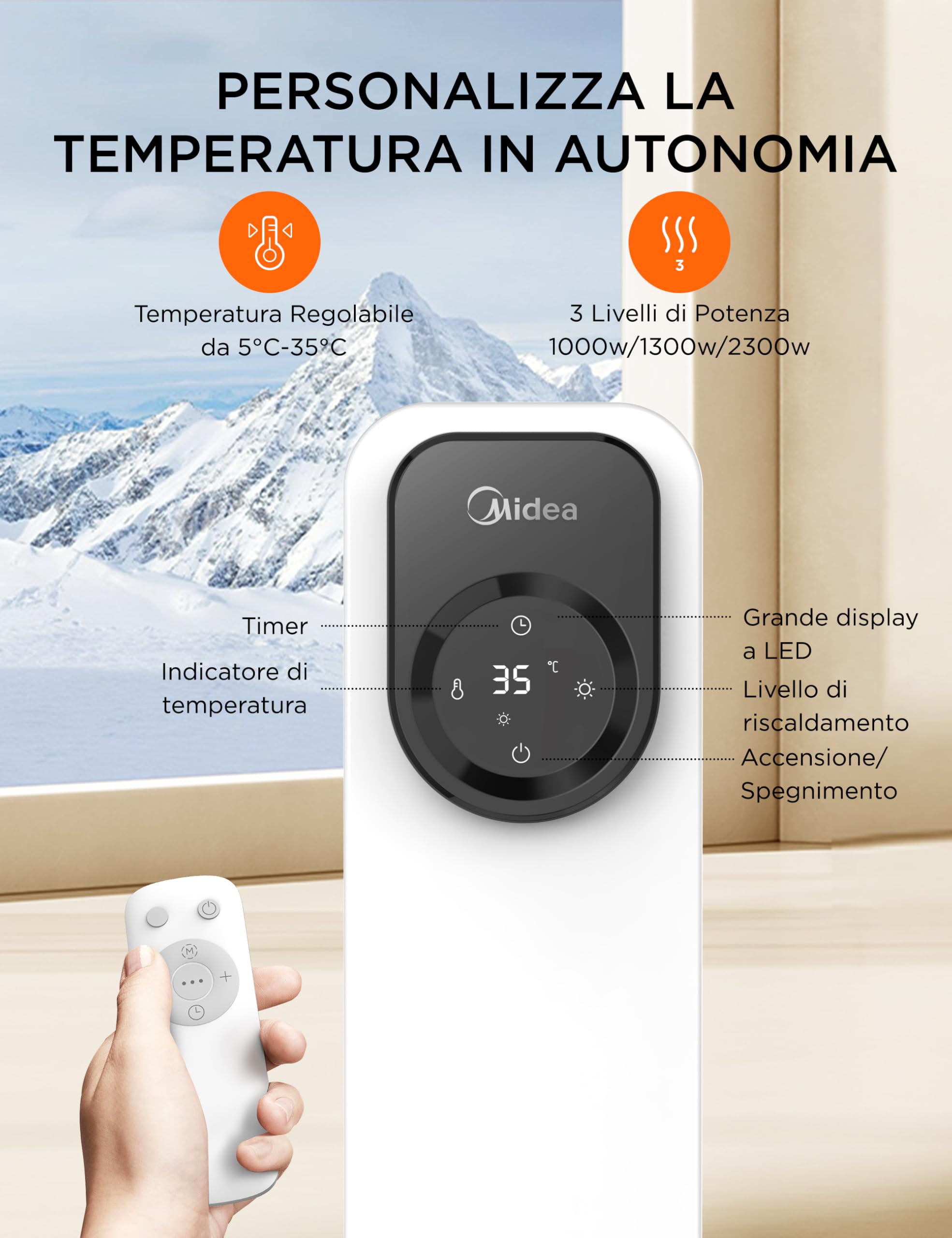 Midea NY2311-24UR, Radiatore a Olio con 11 alette, LED Touchscreen con Controllo a Distanza, Riscaldamento Efficiente, Protezione da Surriscaldamento e Ribaltamento, 24H Timer, Silenziosa, 2300W
