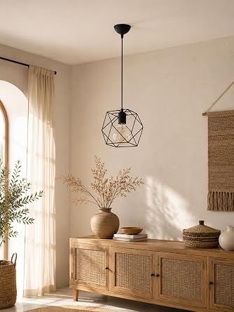 Modern Endüstriyel Tekli Sarkıt Avize – Siyah Metal Geometrik Kafes Tasarım – E27 Duy Uyumlu Tavan Aydınlatma – Salon, Mutfak, Yemek Odası, Kafe ve Restoran İçin Dekoratif Avize [Enerji Sınıfı A]