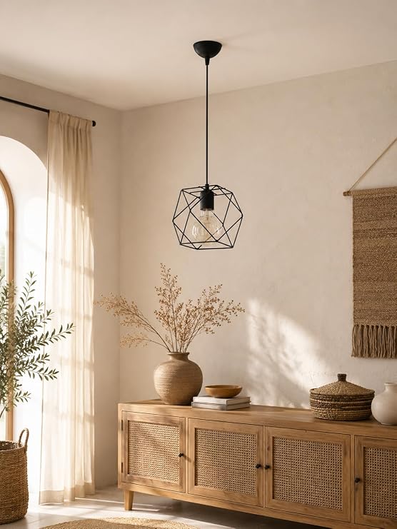 Modern Endüstriyel Tekli Sarkıt Avize – Siyah Metal Geometrik Kafes Tasarım – E27 Duy Uyumlu Tavan Aydınlatma – Salon, Mutfak, Yemek Odası, Kafe ve Restoran İçin Dekoratif Avize [Enerji Sınıfı A]