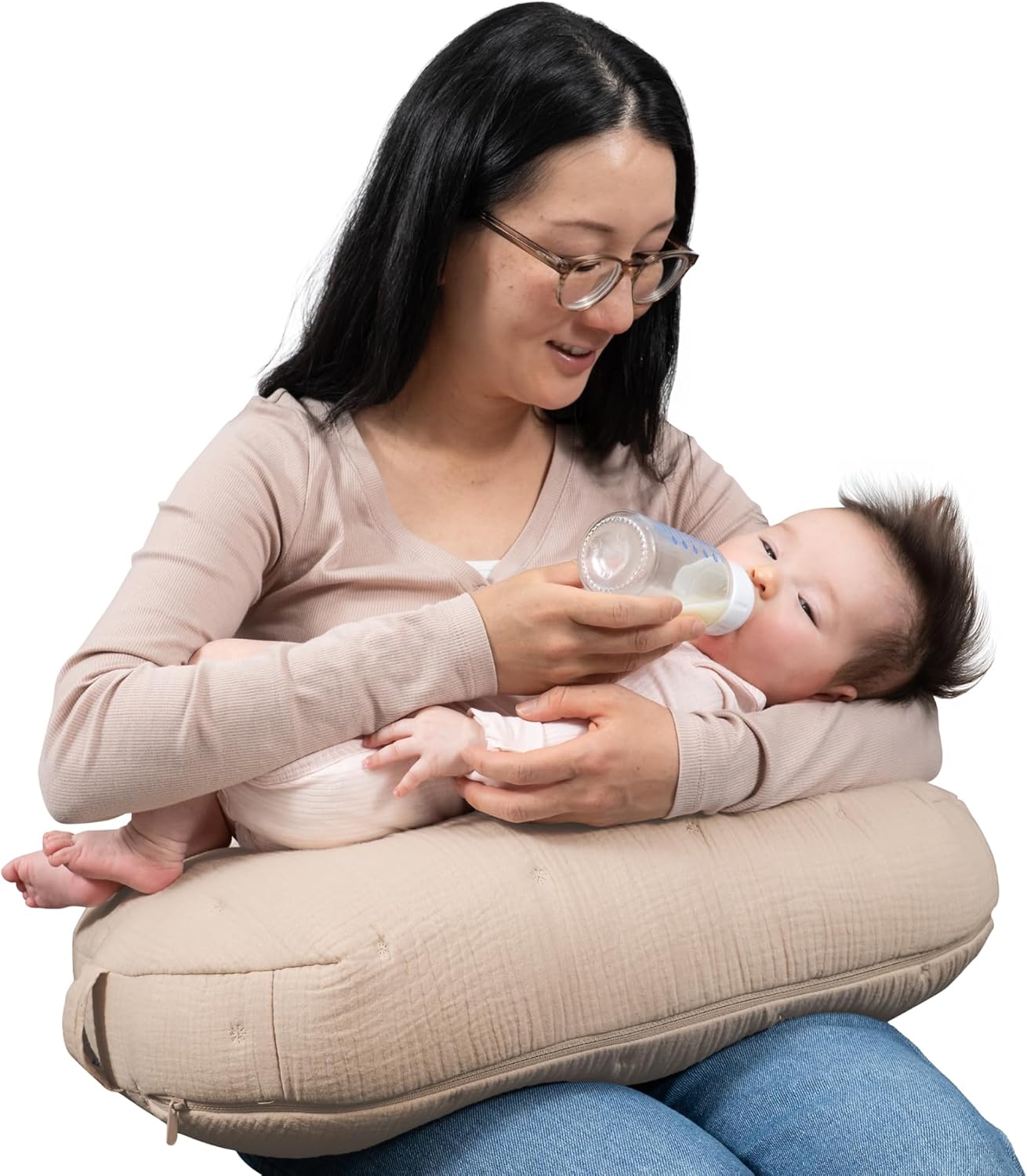 Boppy Nursing Pillow Luxe - Ergonomic Bottle & Breastfeeding Pillow with High Lift & Firm Support - Water-Resistant with Washable Cotton Muslin Cover - Baby Safety Alliance Verified - Oatmeal