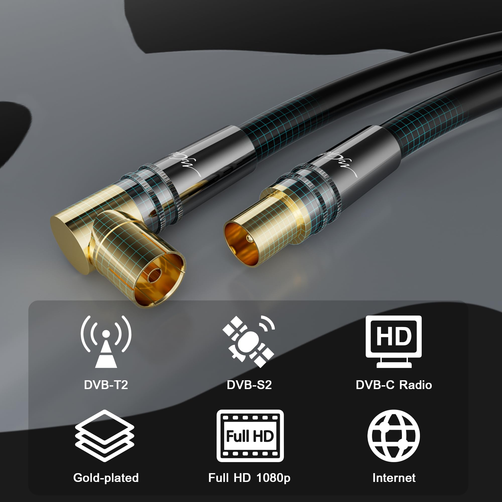 Câble d'antenne 3 mètres RG6 4K coudé(90°Degrés)/droit,câble satellite,câble TV Coaxial HD-75 Ohm IEC-Connecteurs métalliques robustes plaqués or,Noir,avec 5 attaches