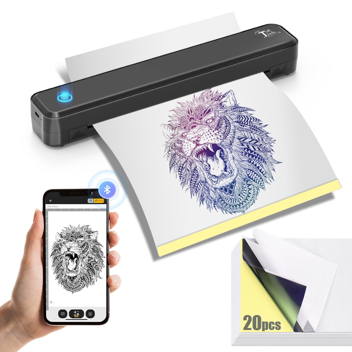 Impresora térmica inalámbrica portátil con 20 hojas de transferencia, compatible con smartphone y PC, tatuadores principiantes