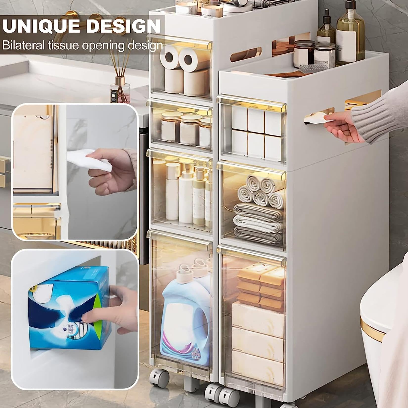 Cajones de almacenamiento apilables Gabinete de almacenamiento de baño pequeño de 9'' de ancho, gabinete de piso de baño Estrecho de 4 niveles de Gran capacidad con Cajon