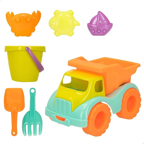 COLORBABY Color Beach Set de playa infantil con camión volquete 30 cm, Pala, rastrillo, cubo y moldes