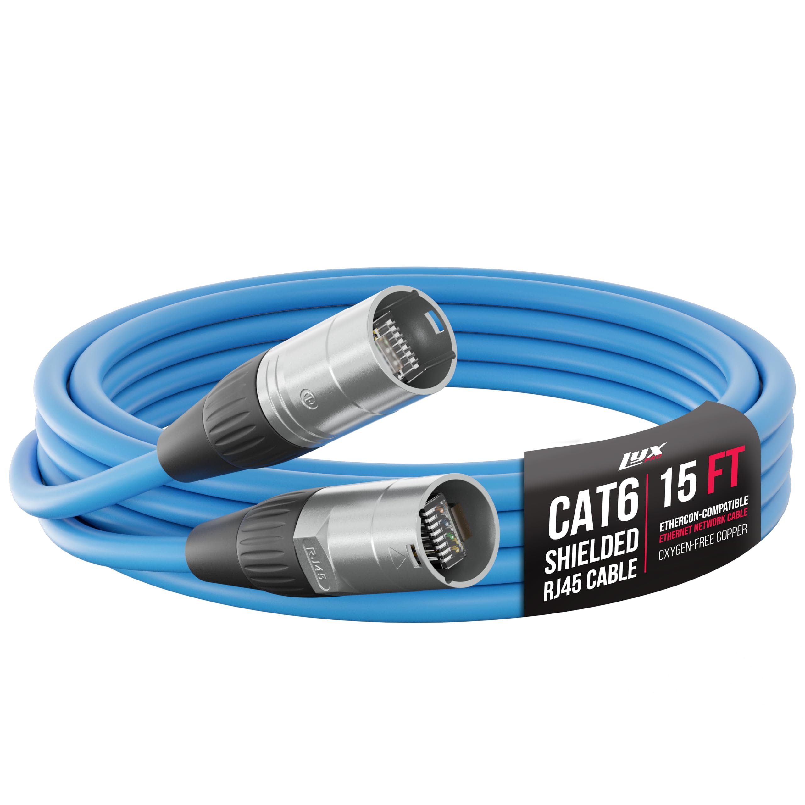 LyxPro 15 Feet Shielded CAT6 Ethercon Cable - Professional Audio & Lighting RJ45 Cable, Studio-Grade Sound Transmission, Extreme Durability - Blue