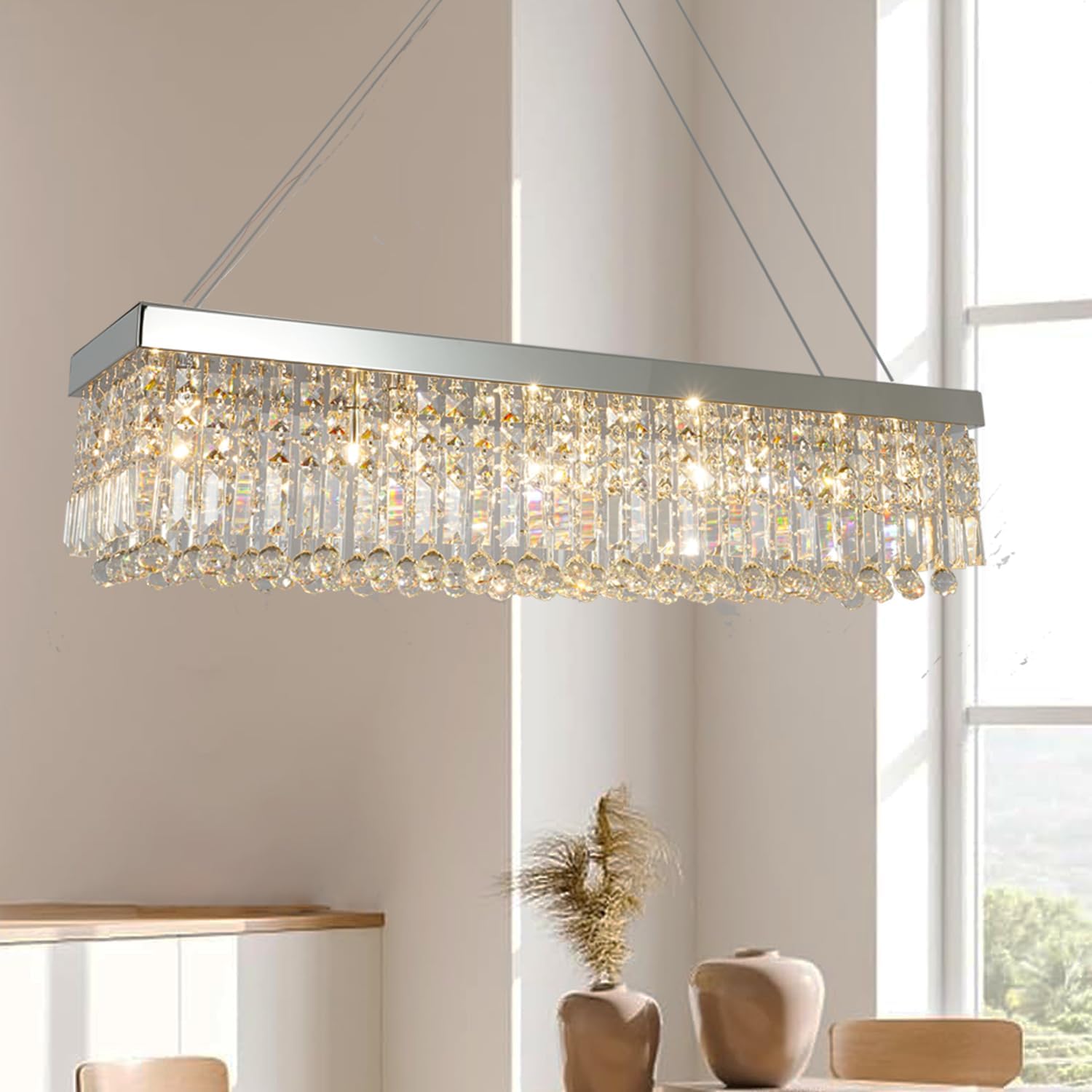 Luxury Chrome Rectangular Crystal Chandeliers Lighting Modern Pendant Ceiling Lights Rectangle Chandelier Lamp Fixture 10-Lights for Dining Room Kitchen Island 39.4"
