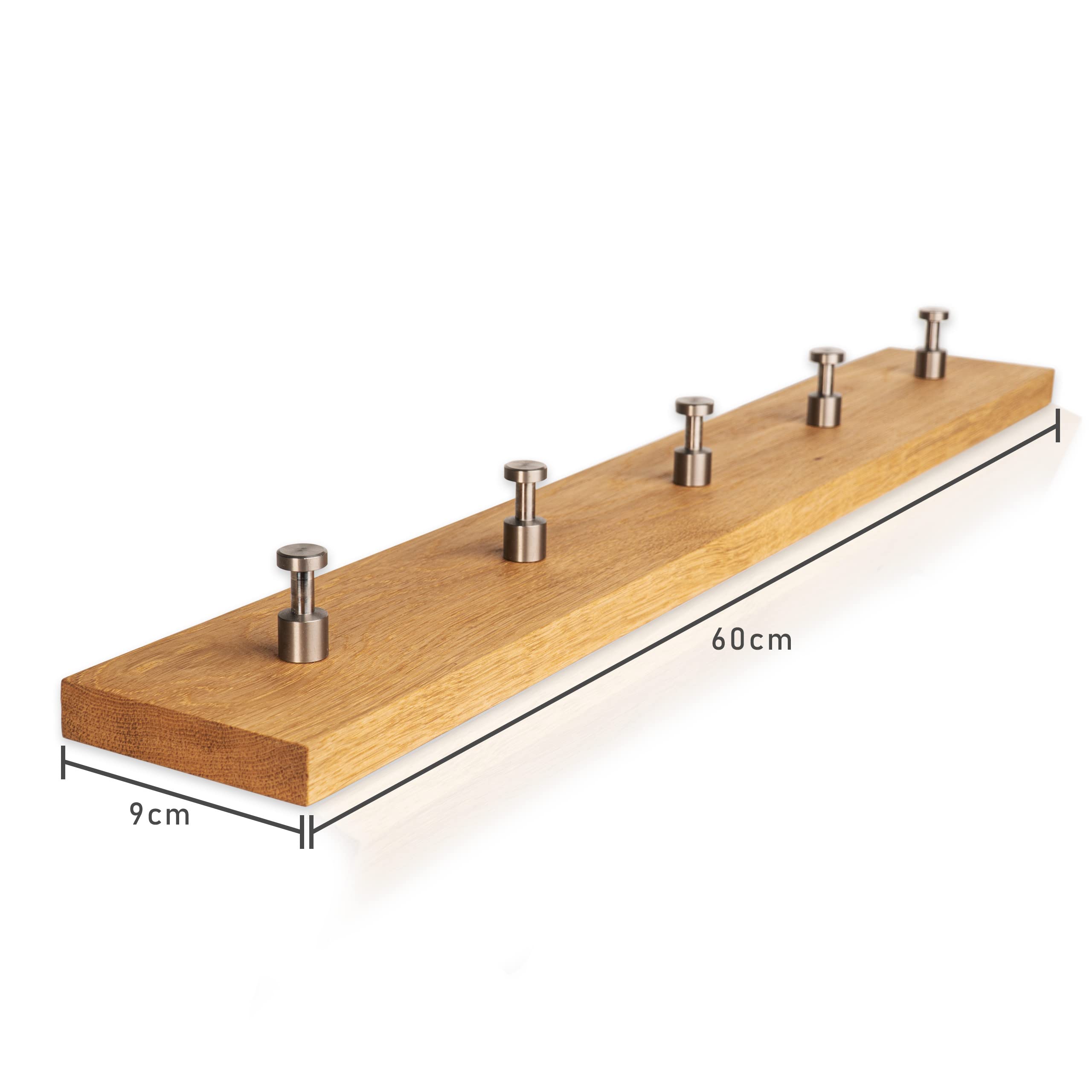 Heimatspäne Garderobenleiste Eiche mit 5 Edelstahlhaken [echtes Eichenholz] - Wandgarderobe als Hakenleiste Holz mit Kleiderhaken - Garderobenleiste Holz