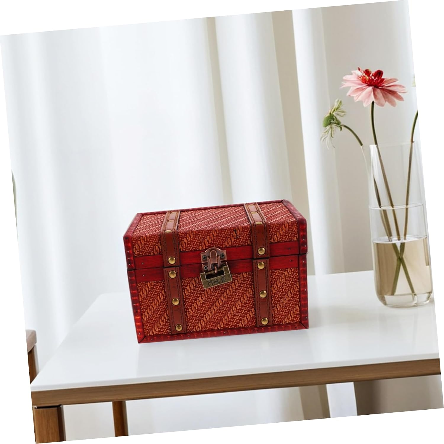 VALICLUD Wooden Keepsake Box with Woven Texture Elegant Vintage Storage for Jewelry and Documents Decorative Treasure Chest with Lock for Adults