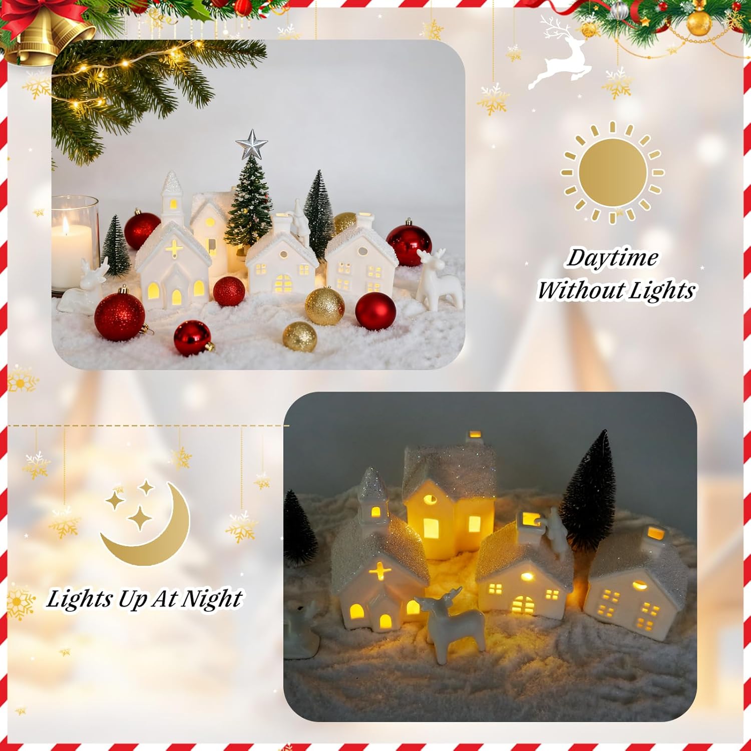 Christmas Village Sets,14 Pcs Christmas Decorations Indoor,Xmas Village Buildings House Decor,White Ceramic Village Houses Set,Perfect for DIY Display or Gift