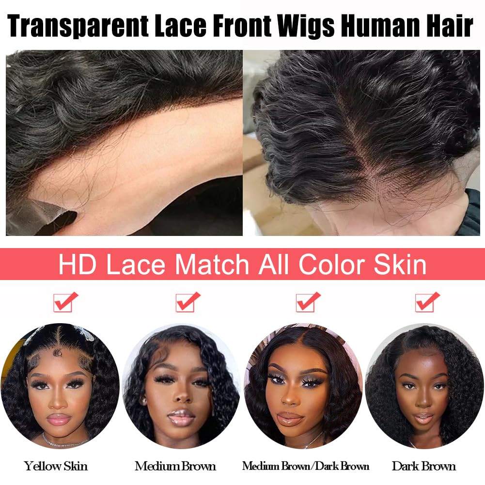 Deep Wave Lace Front Wigs Human Hair 200% Density 13x4 HD Curly Lace Frontal Glueless Wigs for Women Pre Plucked Deep Wave Natural Color (30 Inch)