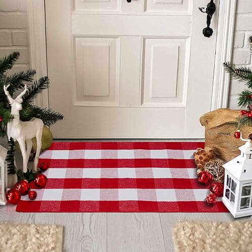 Miniatura 3 de Alfombra de cuadros rojos y blancos de Navidad de 27.5 x 43 pulgadas, tejida a mano para interiores y exteriores, mezcla de algodón a cuadros,