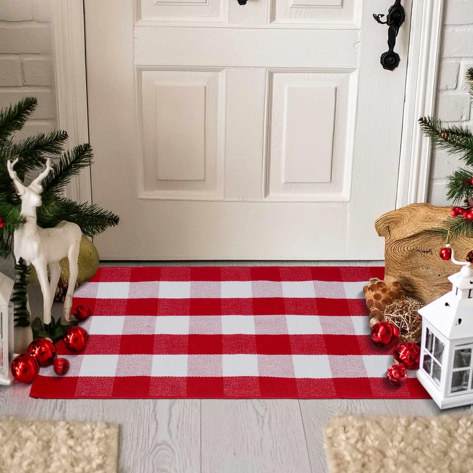 Alfombra de cuadros rojos y blancos de Navidad de 27.5 x 43 pulgadas, tejida a mano para interiores y exteriores, mezcla de algodón, lavable, perfecta para porche, sala de estar, entrada