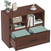 LVB Wood Lateral Filing Cabinet with Drawer, Farmhouse File Cabinet Printer Stand with Storage Shelves, Printer Cabinet Fits A4 Letter Legal Size with Hanging File Folder for Home Office, 32.7" Walnut