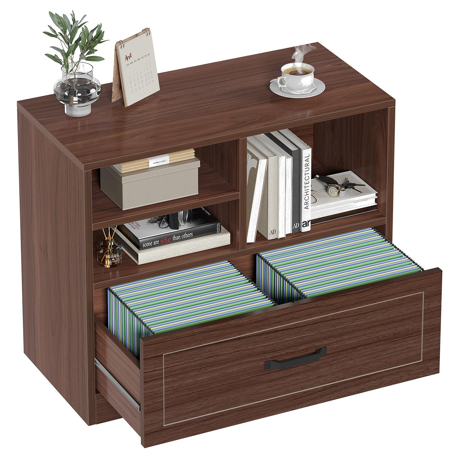 LVB Wood Lateral Filing Cabinet with Drawer, Farmhouse File Cabinet Printer Stand with Storage Shelves, Printer Cabinet Fits A4 Letter Legal Size with Hanging File Folder for Home Office, 32.7" Walnut