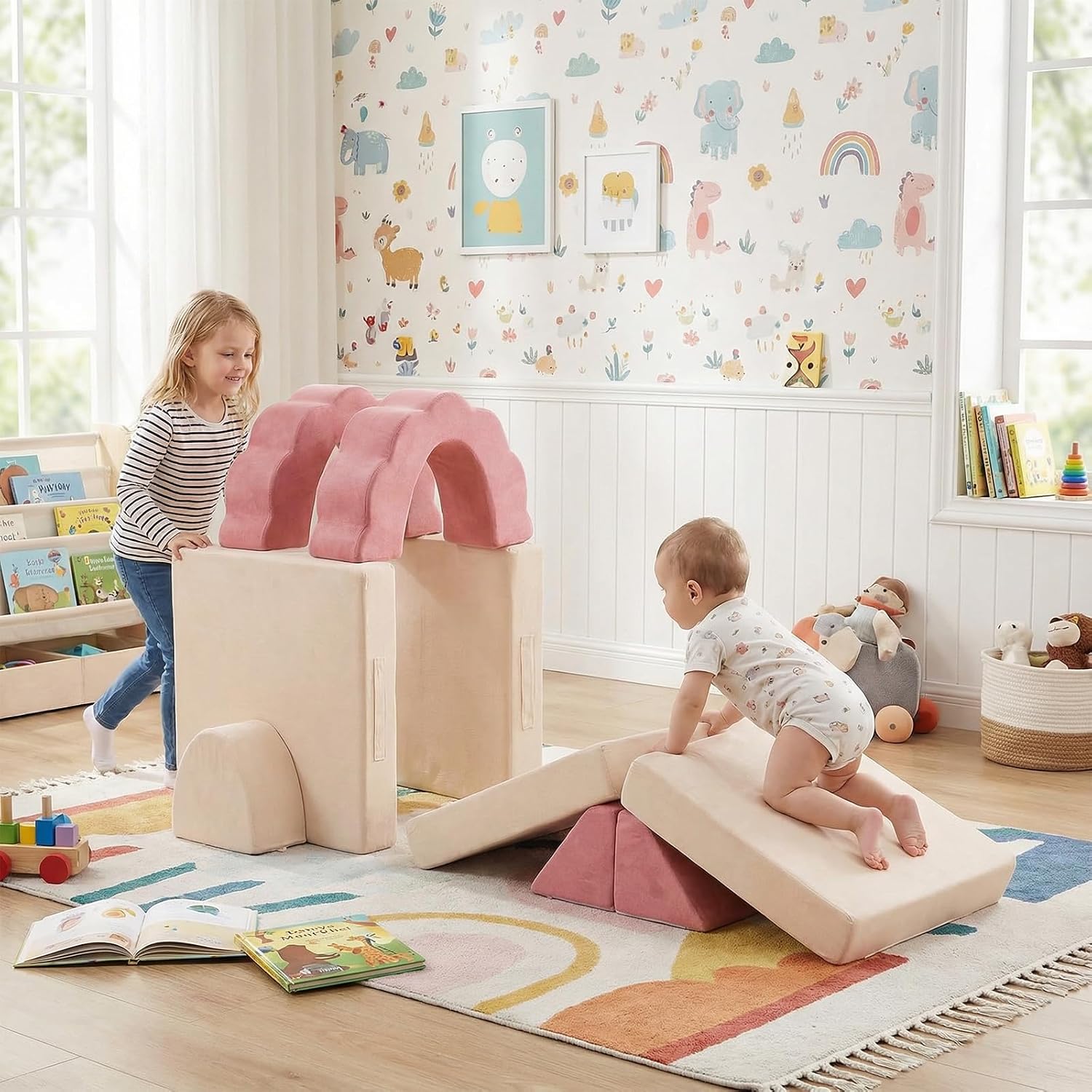Flower Kids Play Couch 10PCS Toddler Couch High Density Foam Sectional Sofa Playroom Kids Furniture for Girls and Boys Bedroom (Beige & Pink)