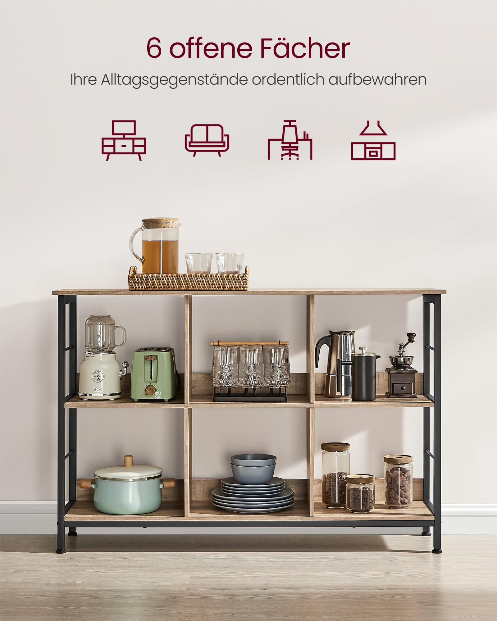 VASAGLE Bücherregal Standregal 6 Fächer 33 x 120 x 80 cm kamelbraun-tintenschwarz LLS104B50