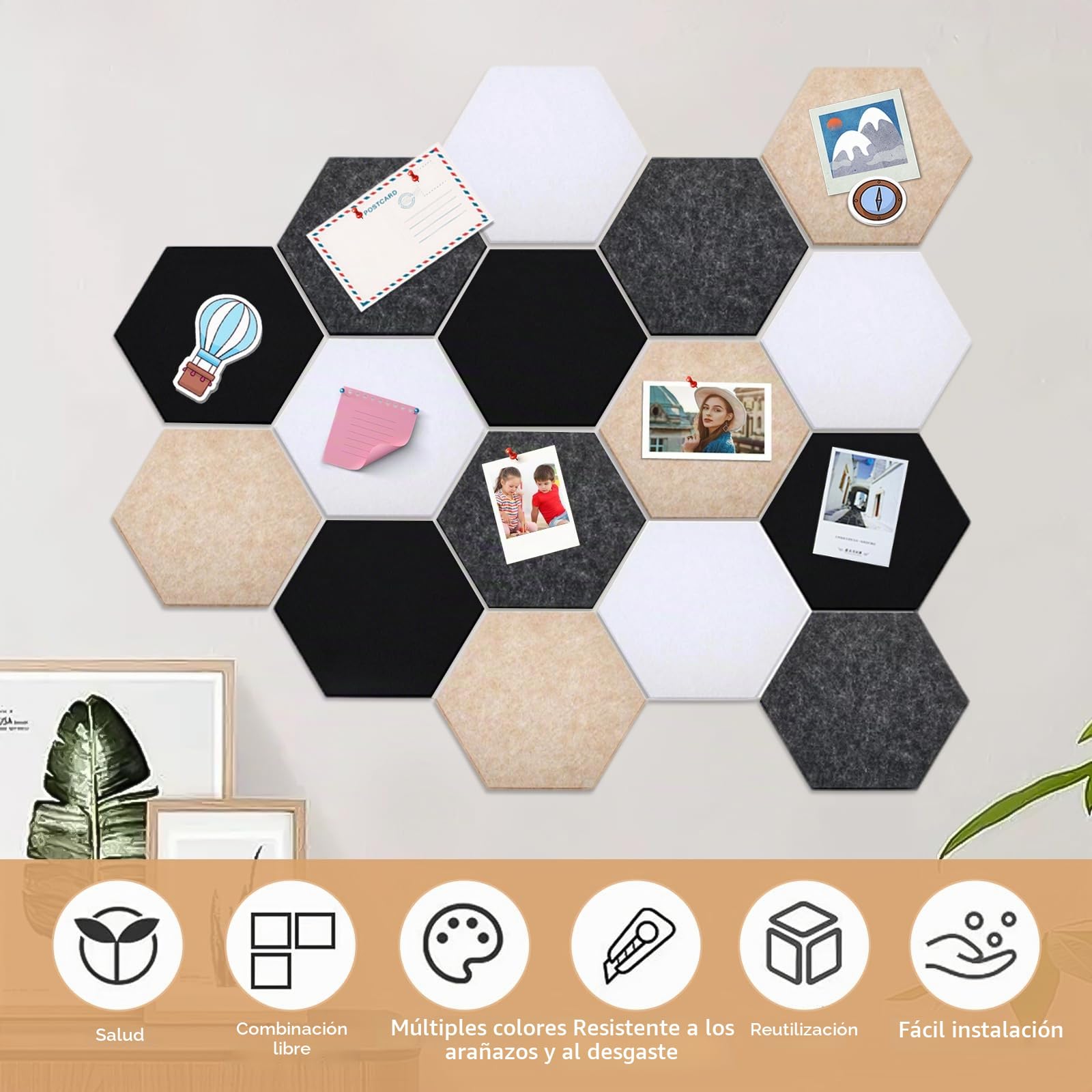 Pared Fieltro Hexagonal Autoadhesivo,Tablero de Corcho 16 Stück 15x17cm Tablón de Anuncios con 60 Chinchetas, Multifunción Azulejos de Fieltro &Paneles de Pared
