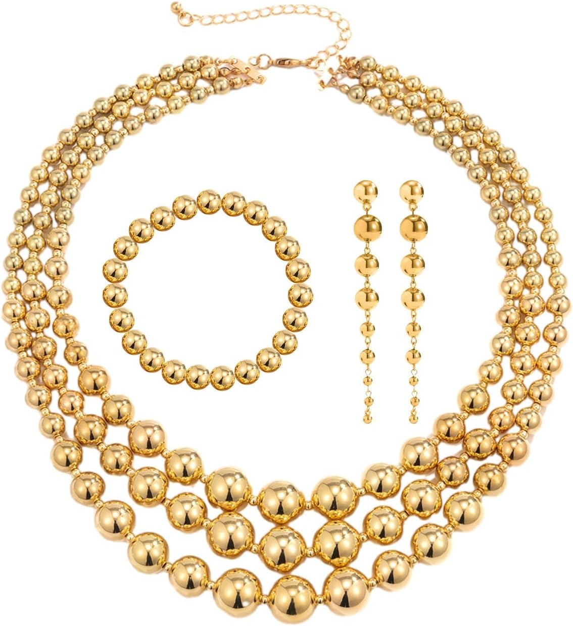 4-5PCS Gold Silver Beaded Necklace Exaggerated Long Dangle Earrings Bracelet Rings Jewelry Set for Women,Chunky Teardrop Ball Stackable Choker Necklace Tassel Earrings Beaded Bracelet Set Gifts