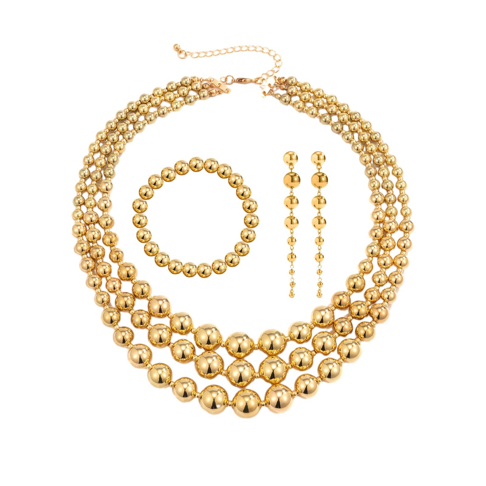 4-5PCS Gold Silver Beaded Necklace Exaggerated Long Dangle Earrings Bracelet Rings Jewelry Set for Women,Chunky Teardrop Ball Stackable Choker Necklace Tassel Earrings Beaded Bracelet Set Gifts