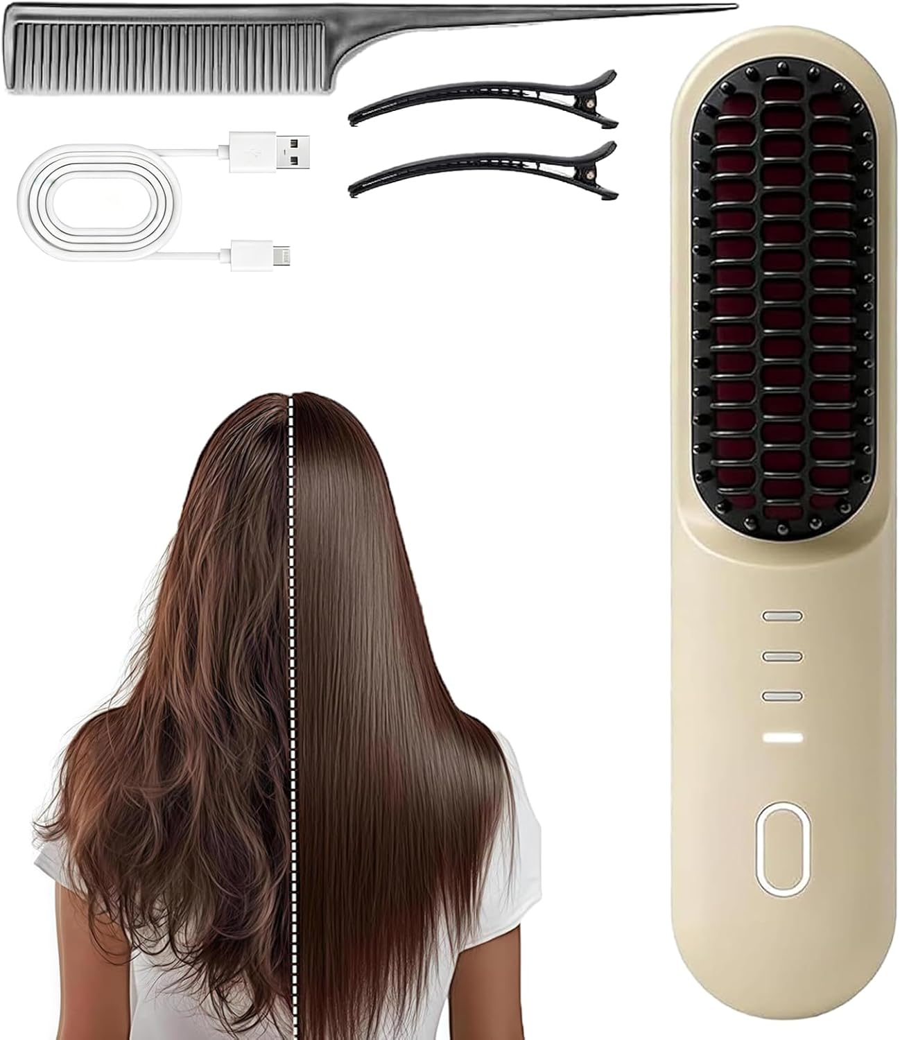Go Brush Pro for Short Hair, New Upgraded Cordless Straightening Brush with 30s Fast Heat, 4 Temperature Settings, Ionic & Ceramic Care, 4000mAh USB-C Rechargeable for Frizz-Free Styling (1PC-Beige)