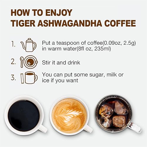 Miniatura 6 de Tiger Ashwagandha - Café instantáneo de hongos  30 porciones de mezcla de arábica con Reishi, Chaga y melena de león  Adaptógeno, vegano, soporte