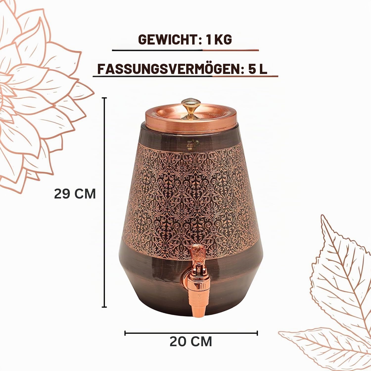 Antike Kupfer-Wassermatka – 5 l | mit auffälligem geprägtem Gravur-Design | Kupfer-Wasserspeicherspender mit ayurvedischen Gesundheitsvorteilen | für Zuhause und Büro