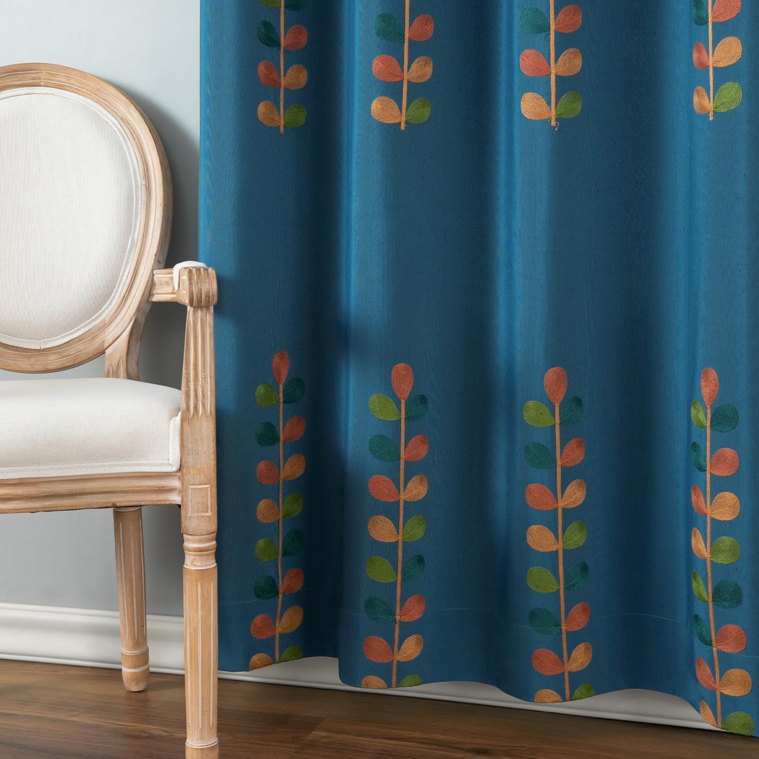 VOGOL Leaves Embroidered Curtains 84 Inches Long, Colorful Leaf Pattern Faux Linen Drapes for Living Room, 2 Panels Thermal Privacy Grommet Curtain for Farmhouse, 52 x 84, Blue