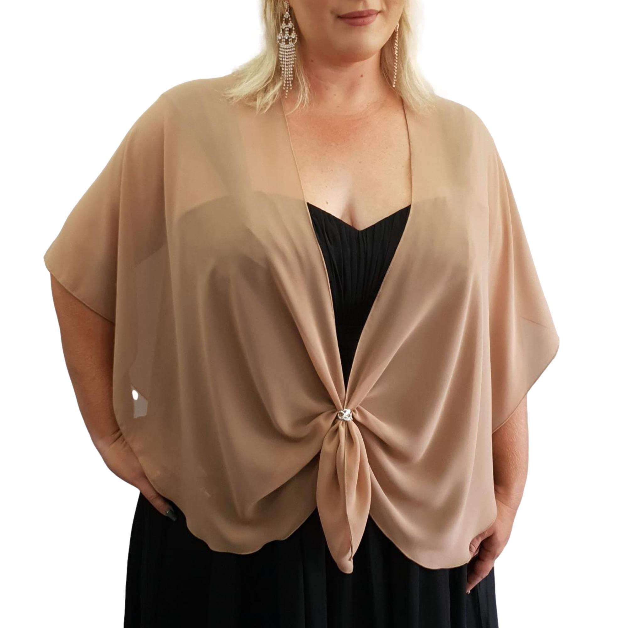 eXcaped Women's Evening Shawl Wrap Sheer Chiffon Open Front Cape with Silver Scarf Ring