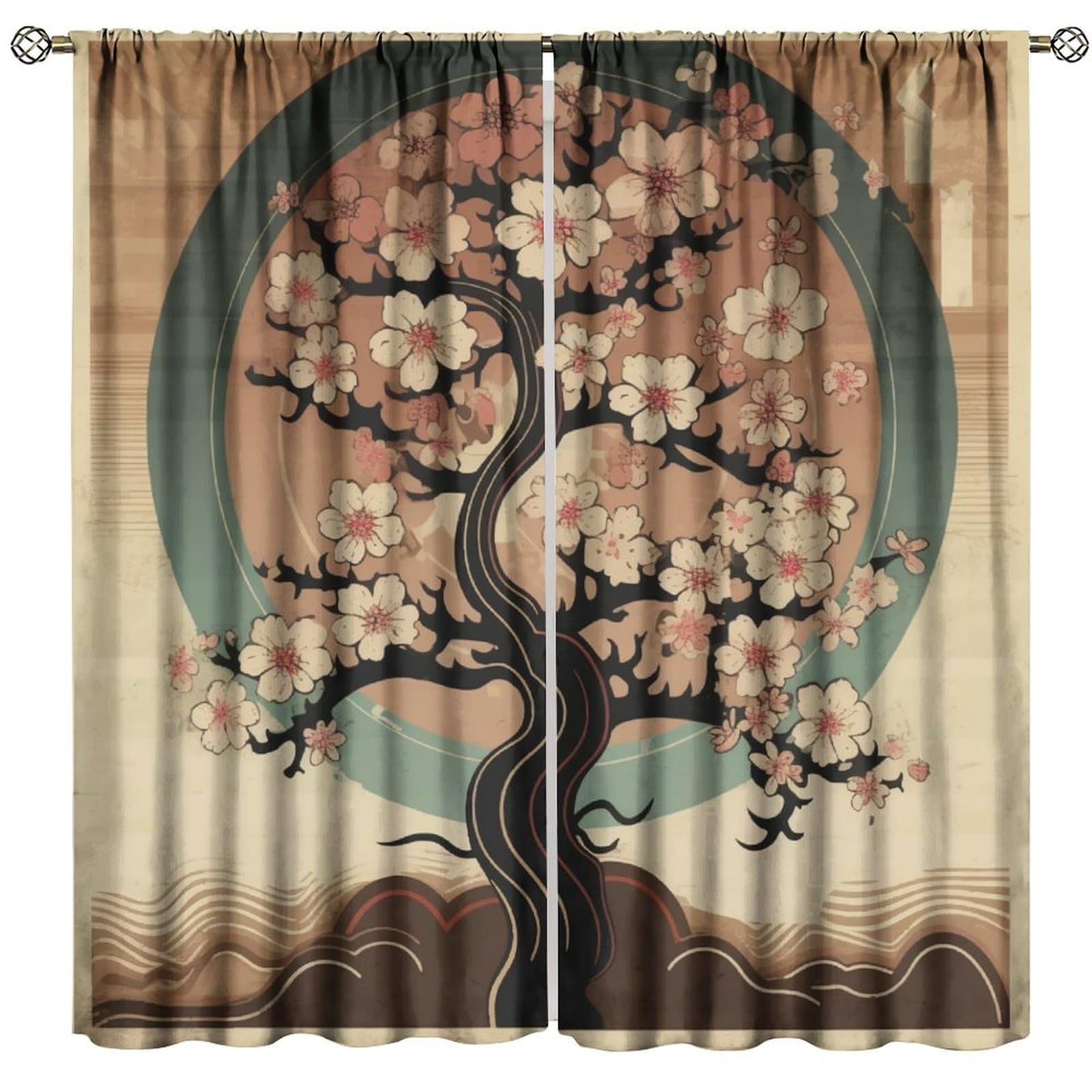 BenYaSong Brown Tree Blackout Window Curtain, Asian Cultural Inspired Tree Design Earthy Style Floral Branches for Home Kitchen Restaurant Decoration Window Drapes 2Panel 52" W X 96" L