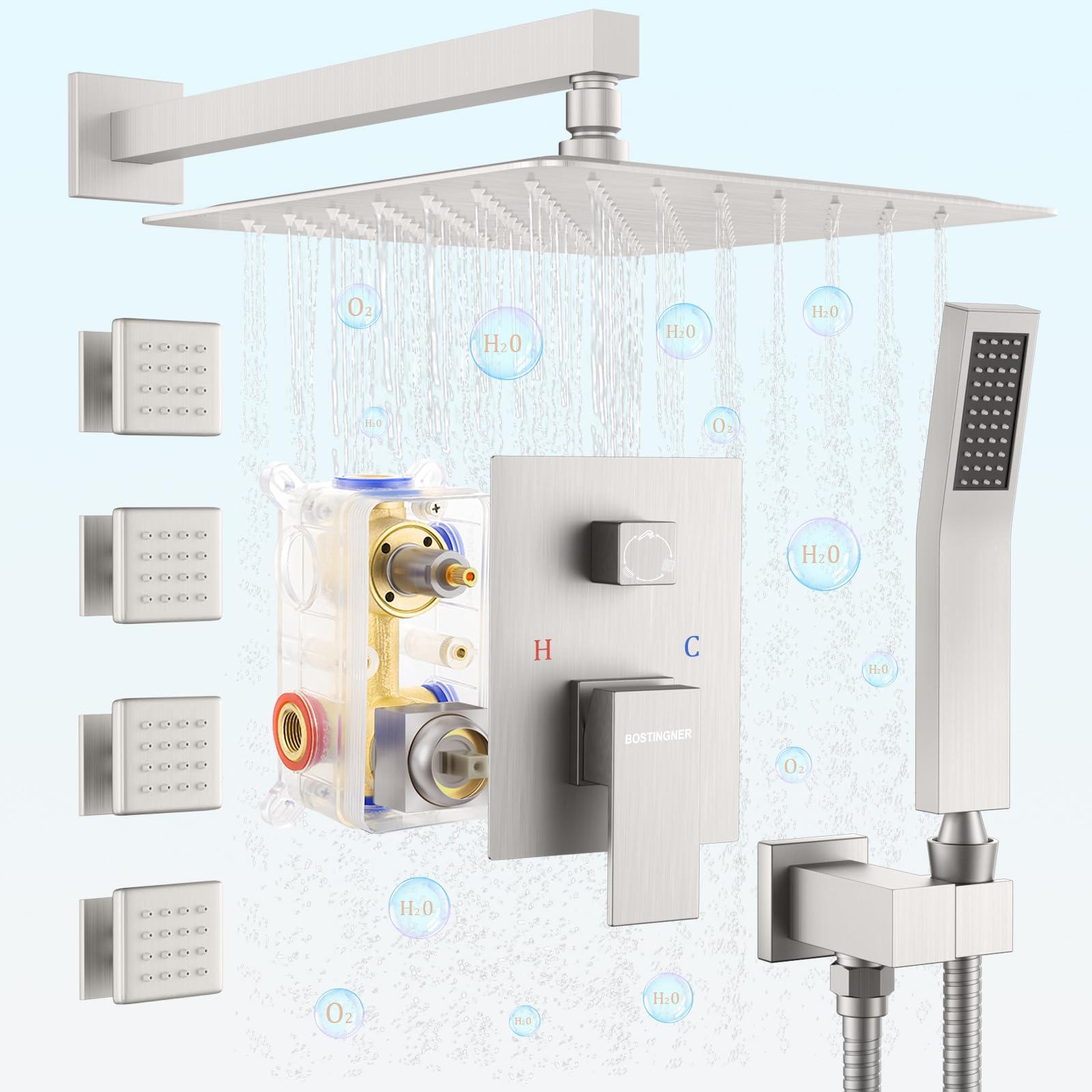 Shower Body Sprays Systems, 10 Inch Rain Shower Wall Mounted, All Metal Multiple Shower Head System, Contain Pressure Balanced Rough-in Shower Valve, Brushed Nickel