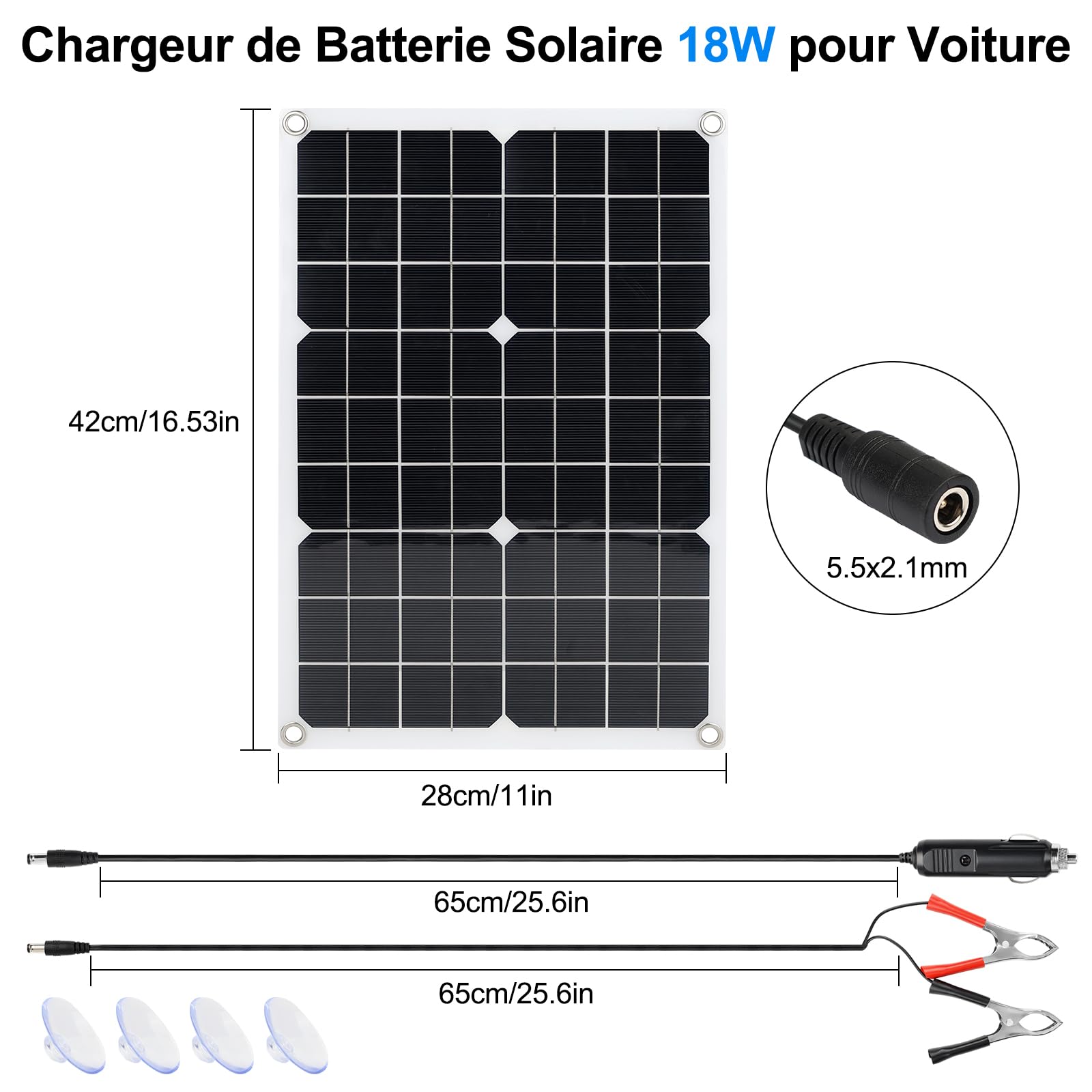 18W Chargeur de Batterie de Voiture Solaire 2 Ports USB, Chargeur d'entretien Solaire Portable, Chargeur d'entretien Solaireavec Allume-Cigare ou Pinces Crocodile pour RV, Bateau, Moto