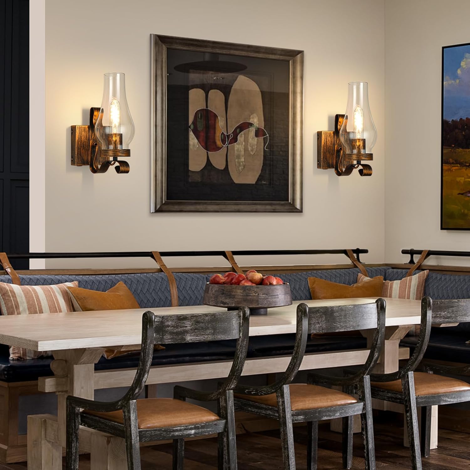 Battery Operated Wall Sconces, Rustic Wall Lights Sets of 2, Non-Hardwired Antique Kerosene Wall Lamps, Vintage Bedside Gold Wall Sconces with Remote for Living Room, Bedroom, Hallway etc