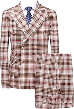 Mens Plaid 2 Pieces Double Breasted Suit Peak Lapel Checked Jacket Pants for Wedding Prom Homecoming