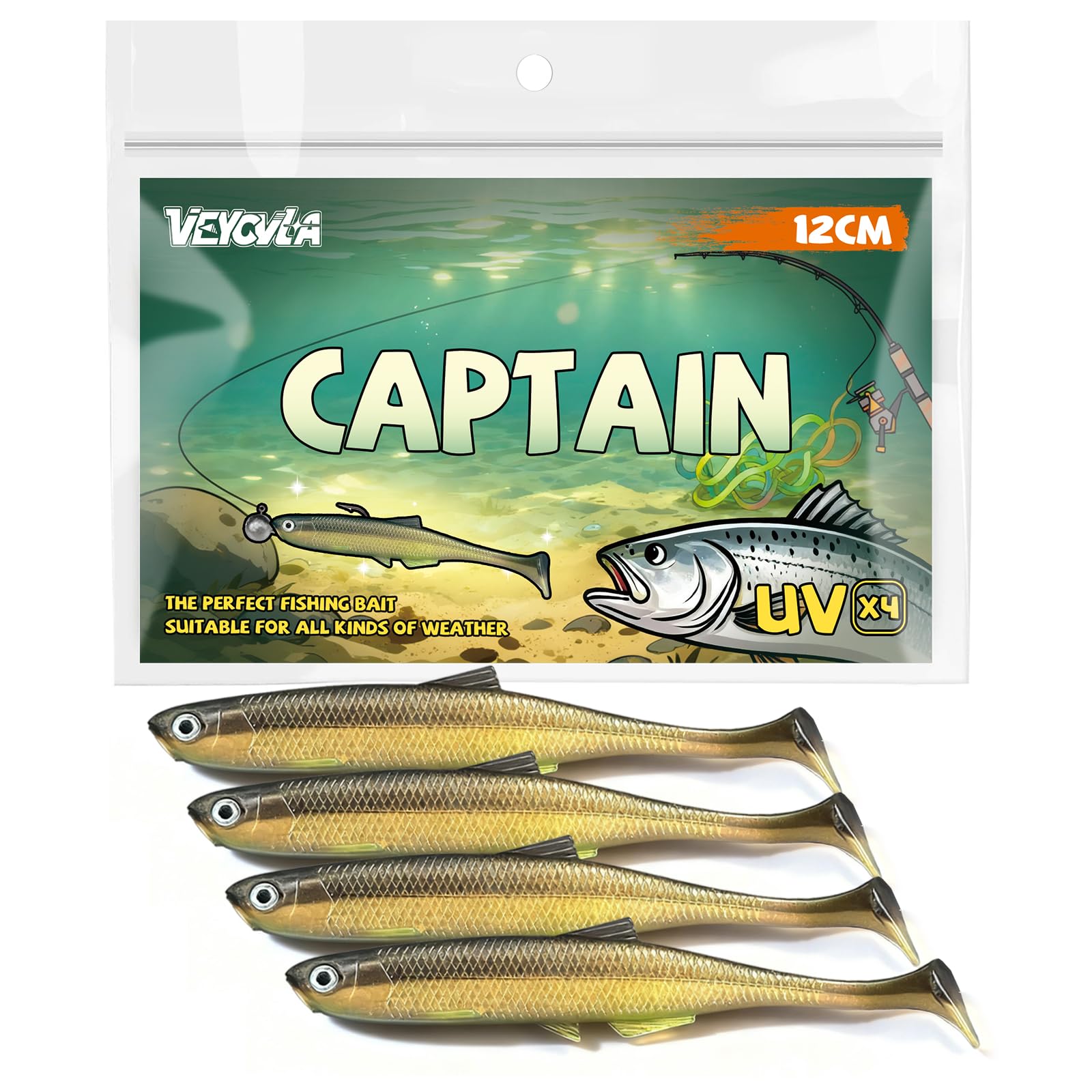 VEYCVLA Fishing Rubberen vissen, snoekbaars, baars, 12 cm, 4 stuks rubberen aas, snoekbaars, softbait, visaas, UV-actief, rubberen vissen, set snoekbaars, aas (A) (G