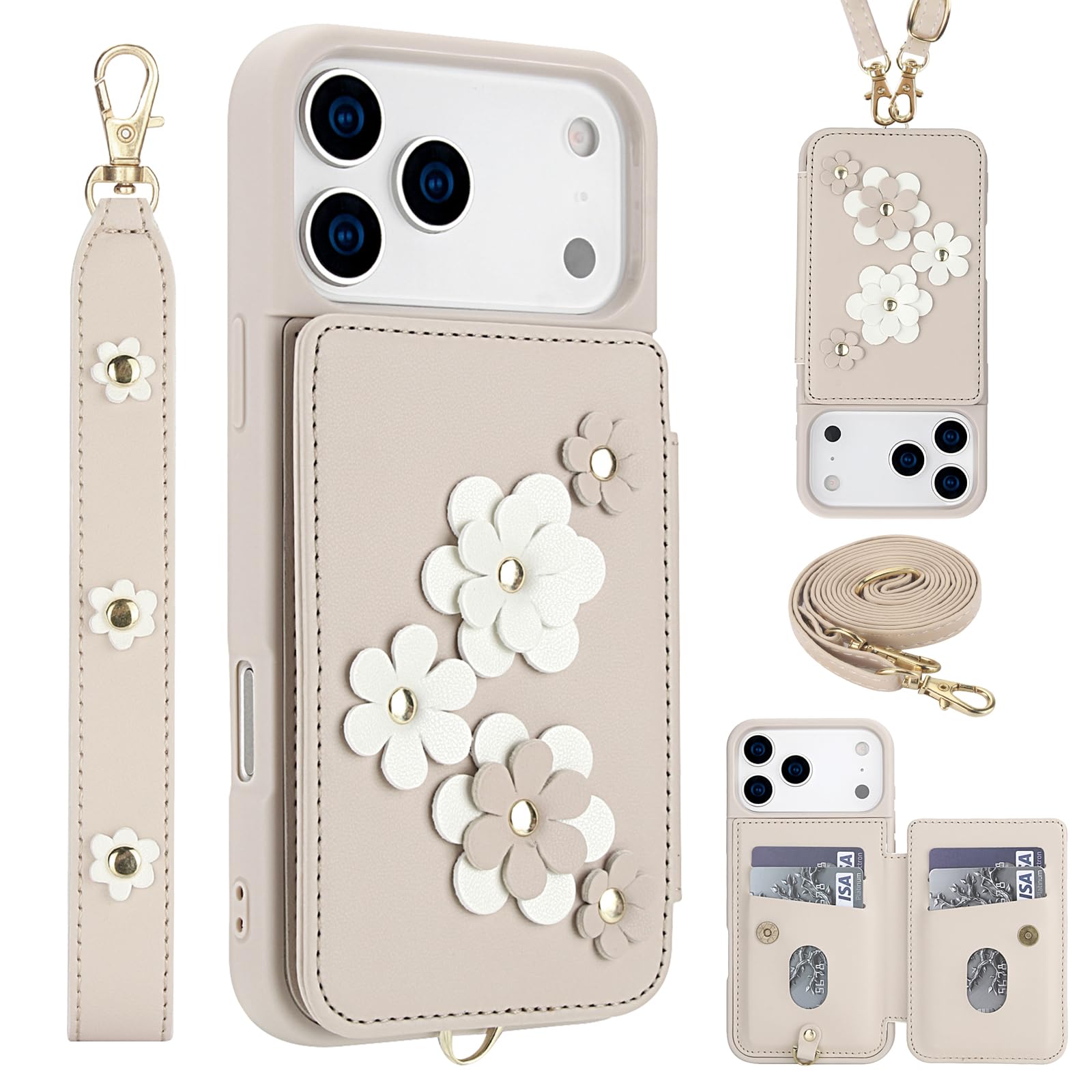 for iphone 17 pro wallet case, magnetic snap flip leather cover with flower design credit card holder stand wristband?iphone 17 pro protective phone case for women