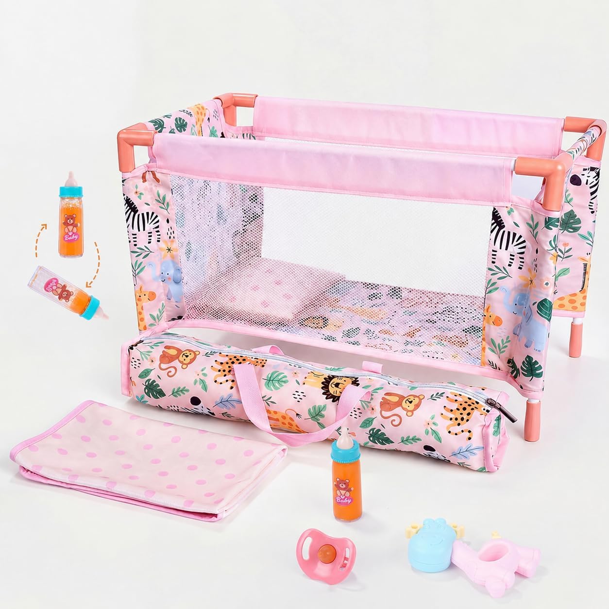 BABESIDE Baby Doll Crib for 18'' Dolls,7 Piece Baby Doll Bed with Storage Bag and Bedding Accessories, Toy Crib Doll Furniture,Reborn Baby Doll Accessories for Kids Age 3+