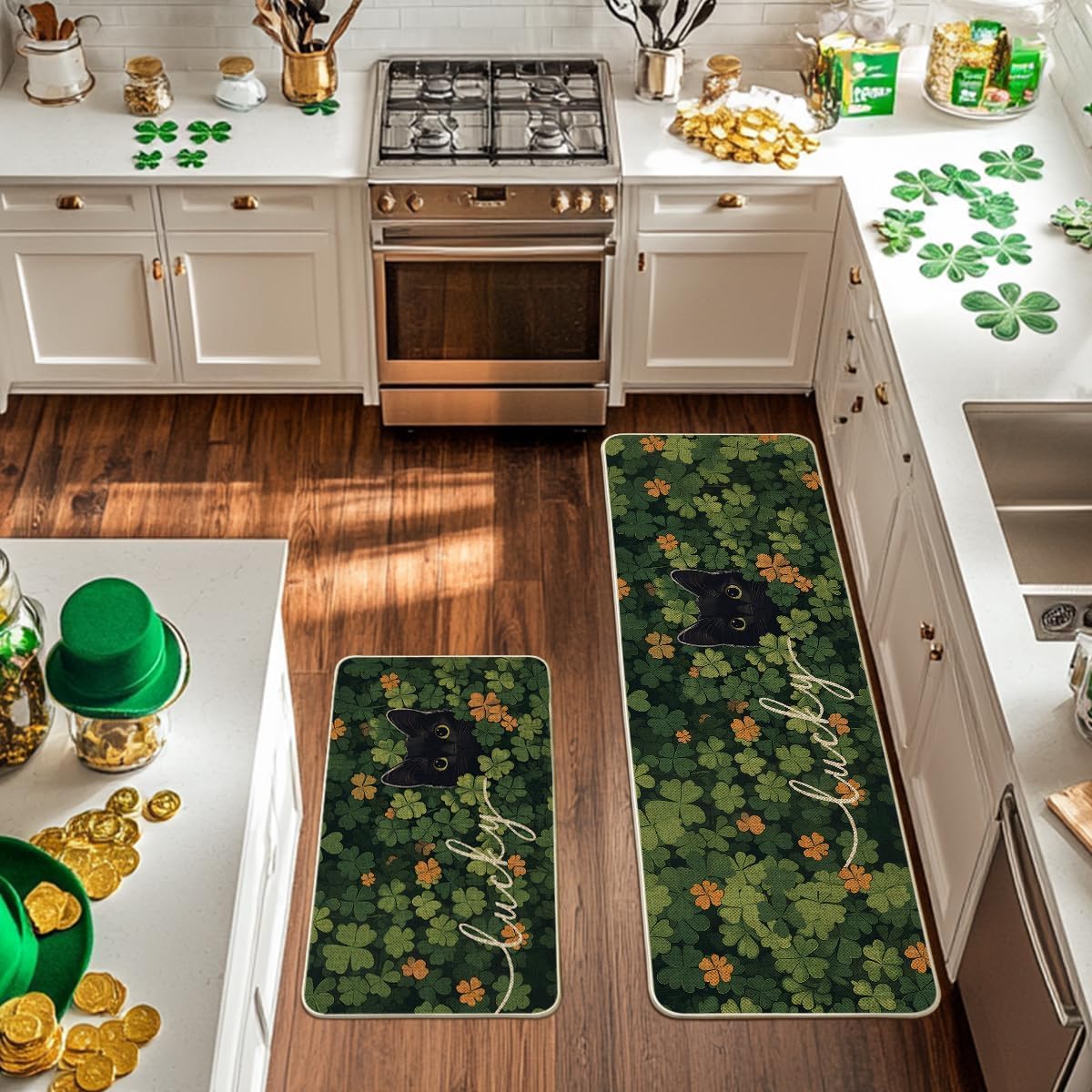 Artoid Mode Shamrock Lucky Black Cat St. Patrick's Day Kitchen Mats Set of 2, Home Decor Low-Profile Kitchen Rugs for Floor - 17x29 and 17x47 Inch