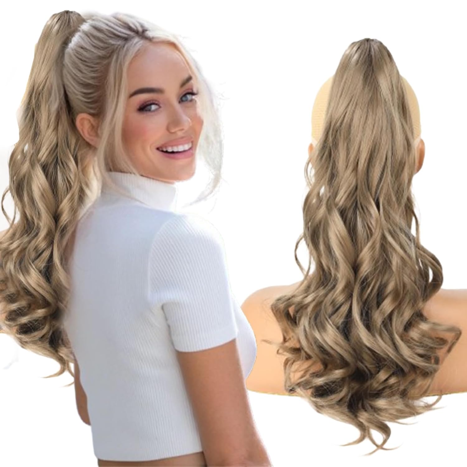 Ponytail Extension 20Inch Long Curly Wavy Ponytails Clip in Claw Hair Extension Pony Tails Natural Looking Synthetic Hairpiece for Women1B