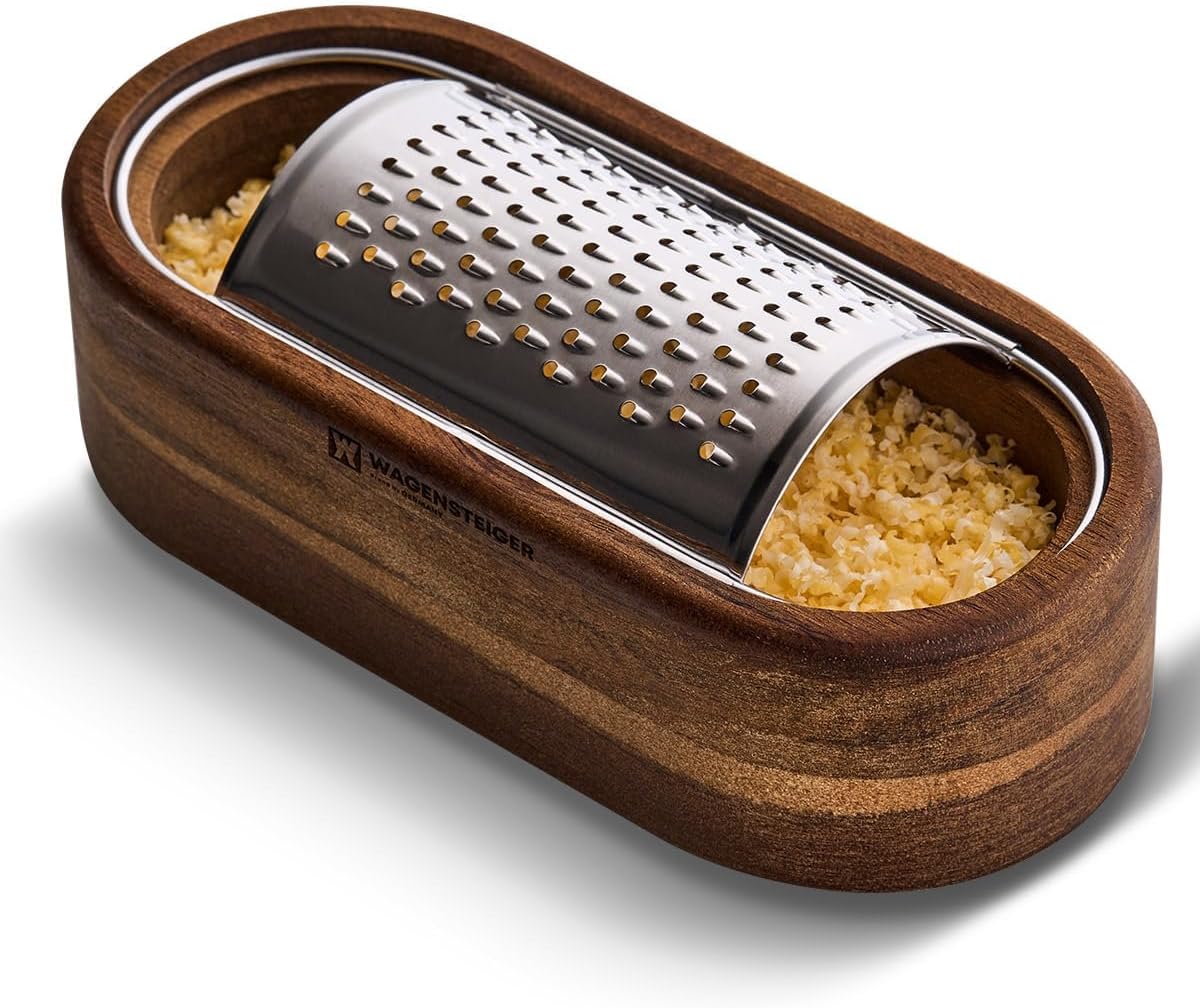 Rallador de queso de acero inoxidable extraíble SUS304 con recipiente de madera, triturador de madera, cítrico Zester, perfecto para presentar queso