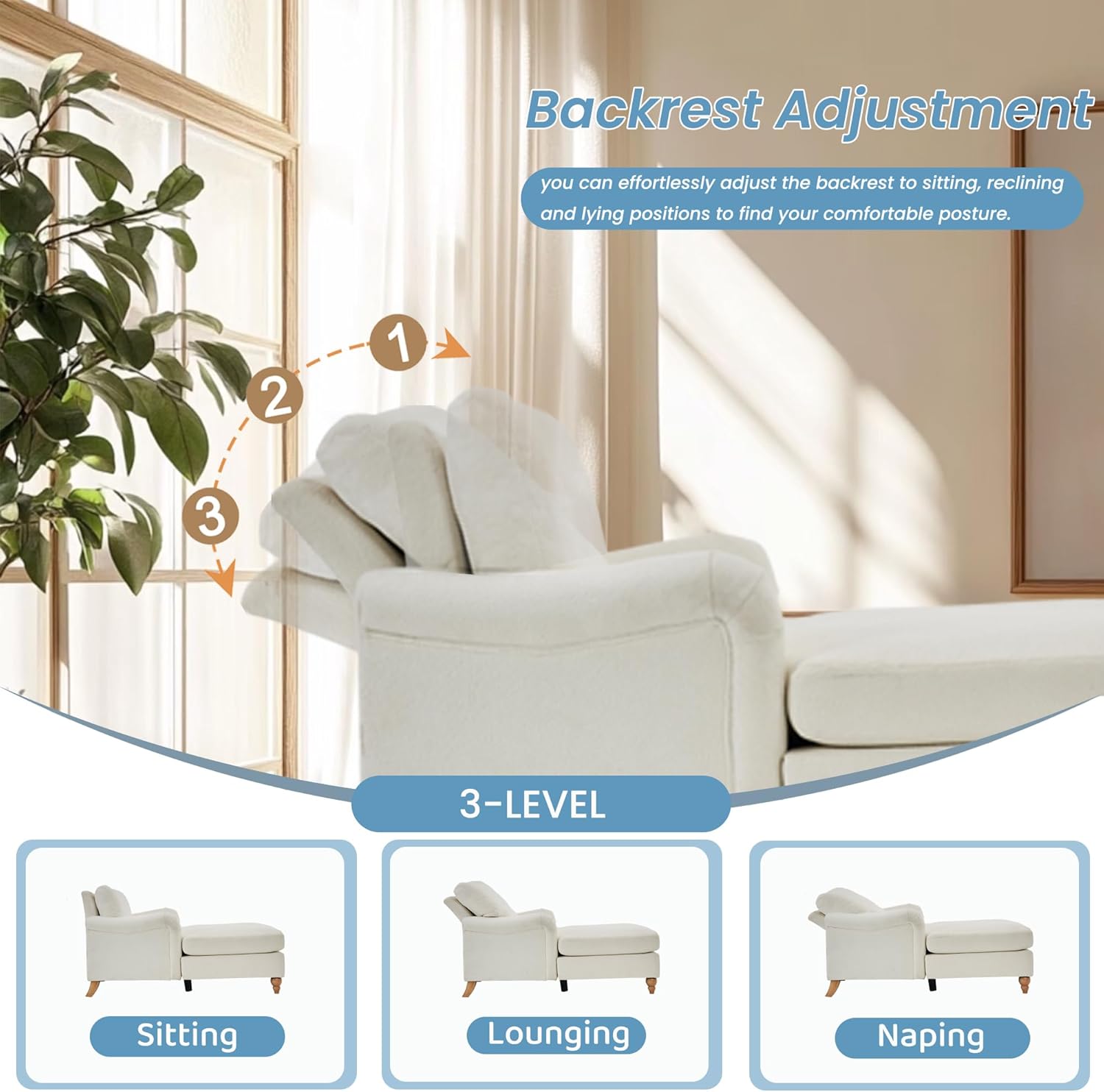 Chaise Lounge Chair Indoor, 66.5" Oversized Chaise, Chenille Reading Chairs with 3-Gear Adjustable Backrest, Lounger Chair Indoor with Pillow and Armrests for Living Room and Apartment (Beige)