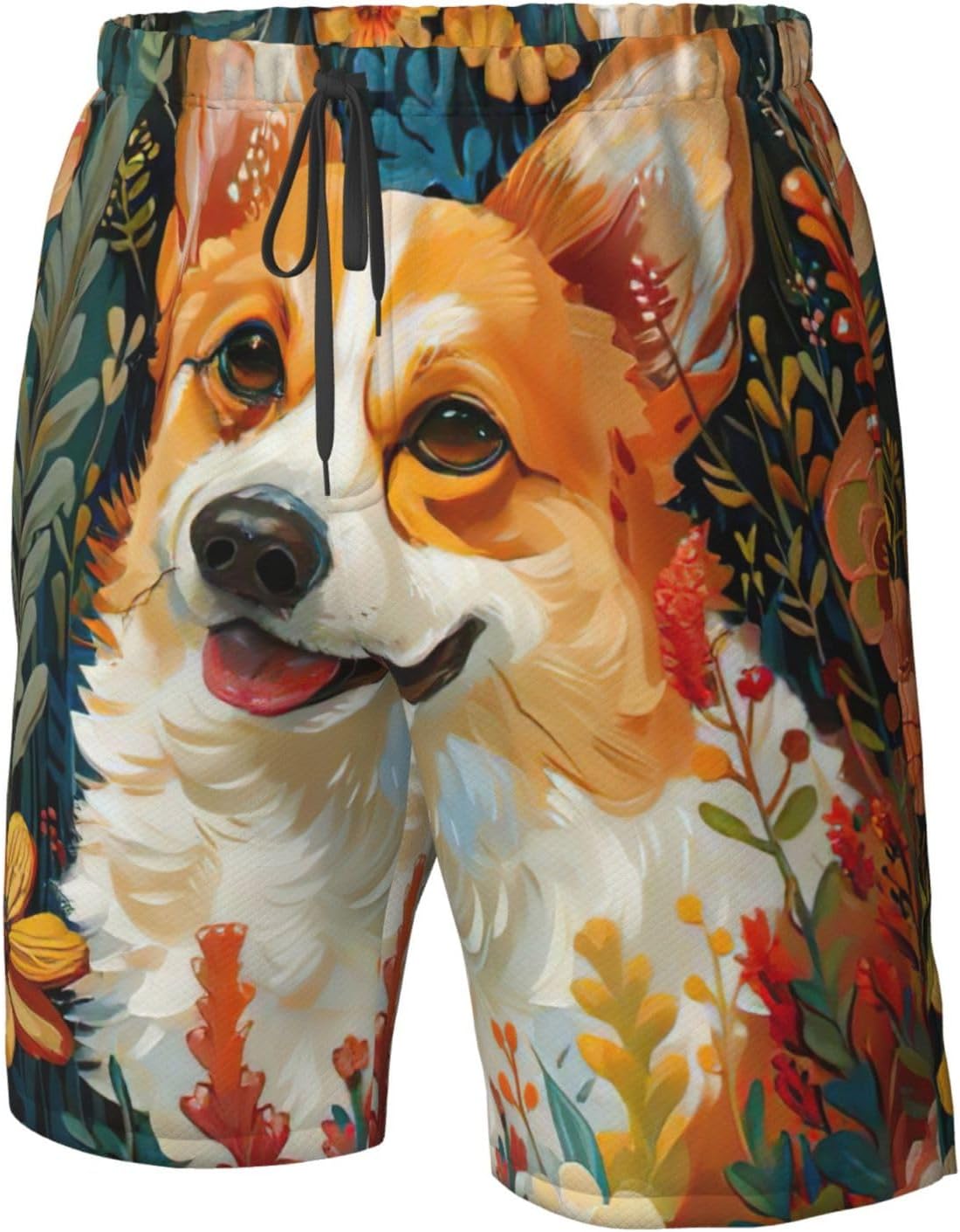 Corgi Floral Flowers Spring Garden Print Men's Swim Trunks Quick Dry Beach Shorts with Pockets Lining Swimwear Bathing Shorts