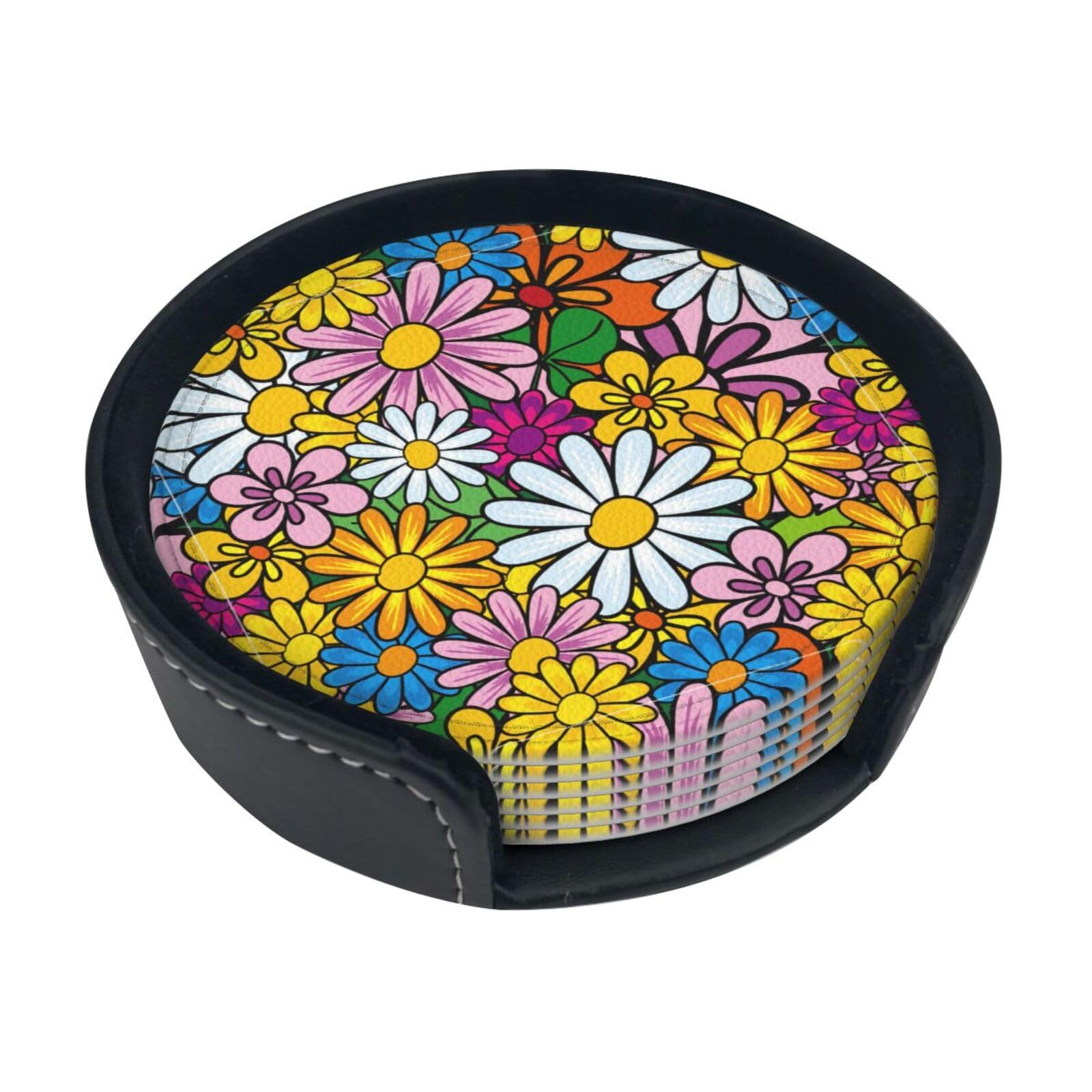 Cartoon Cute Flowers Print Round Coasters Set Of 6,Coaster For Tabletop Protection Home Bar Decor